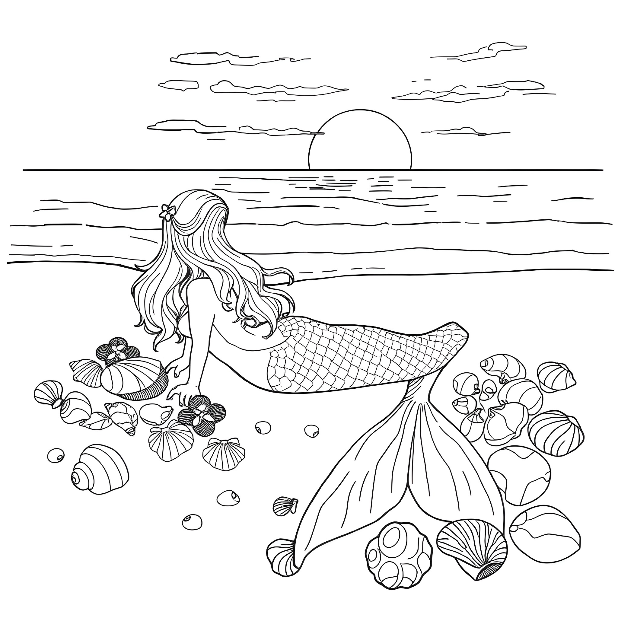 Mermaid admiring the sunset by the sea Coloring Page (free black-and-white line drawing printable PDF for all, from beginners to advanced learners, including children, teens, adults, and seniors)