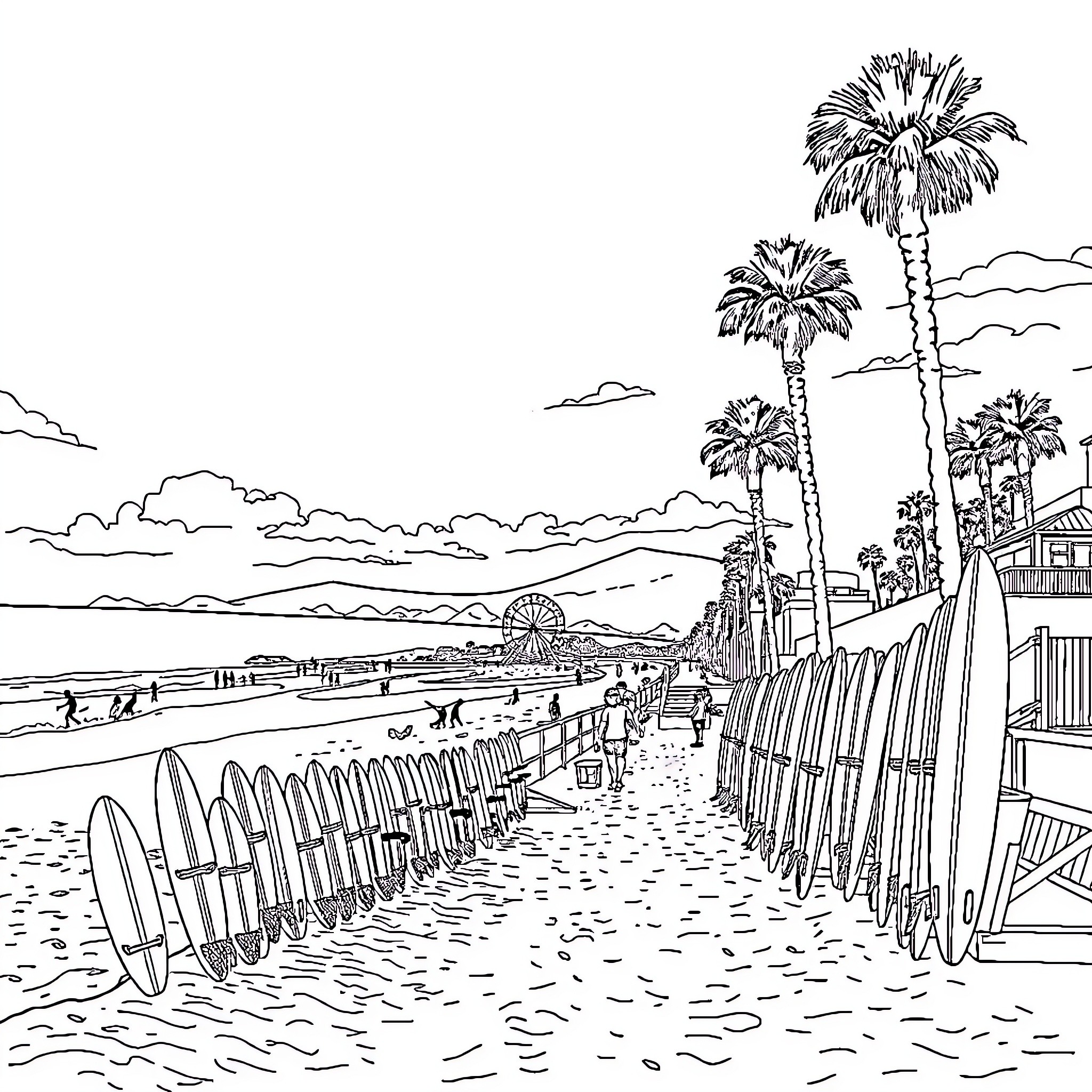Newport Beach scenic coastal landscape with palm trees Coloring Page (free black-and-white line drawing printable PDF for all, from beginners to advanced learners, including children, teens, adults, and seniors)