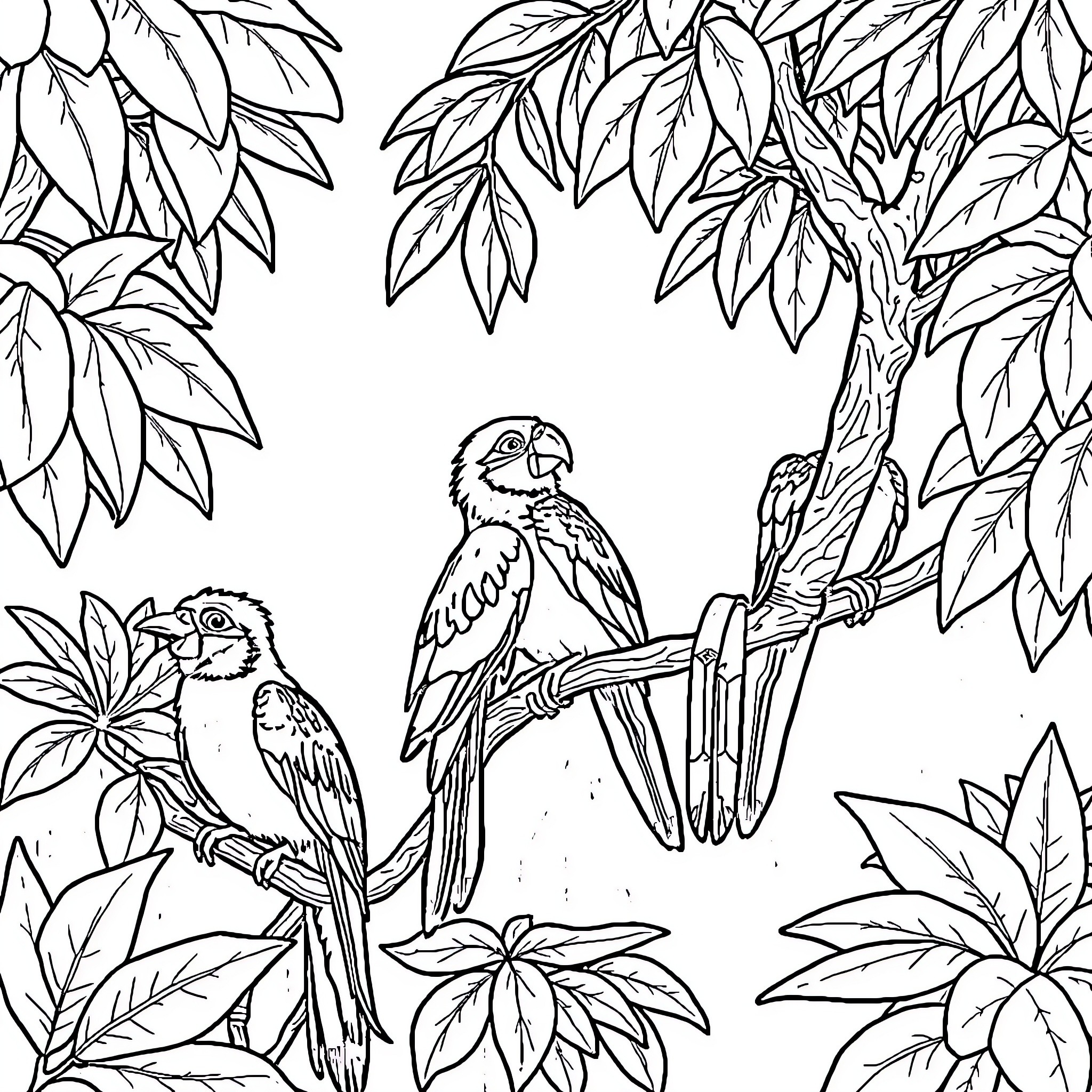 Birds perched on branches in lush foliage Coloring Page (free black-and-white line drawing printable PDF for all, from beginners to advanced learners, including children, teens, adults, and seniors)