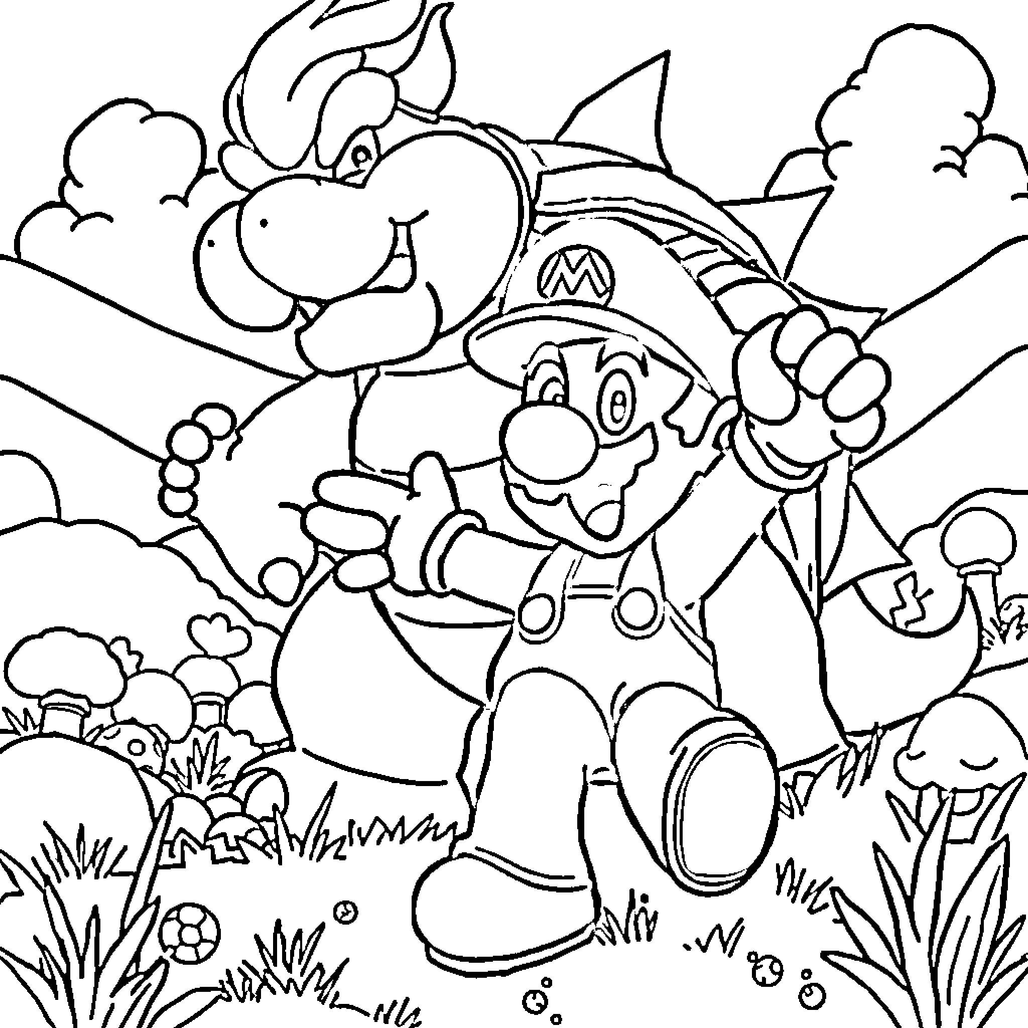 Mario Bravely Battling a Dragon in a Lush Landscape Coloring Page (free black-and-white line drawing printable PDF for all, from beginners to advanced learners, including children, teens, adults, and seniors)