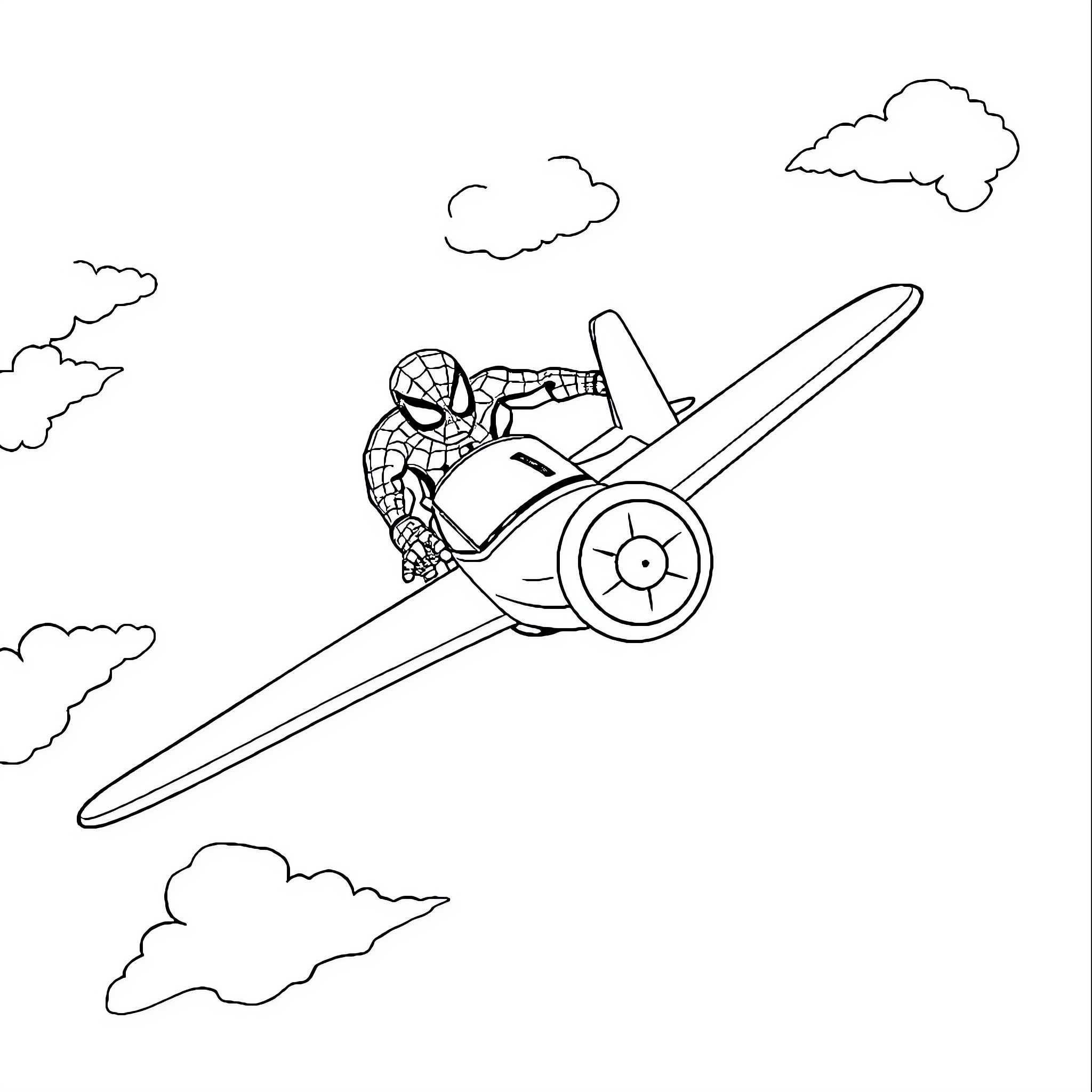 Spider-Man Pilots Plane Through the Clouds Coloring Page (free black-and-white line drawing printable PDF for all, from beginners to advanced learners, including children, teens, adults, and seniors)