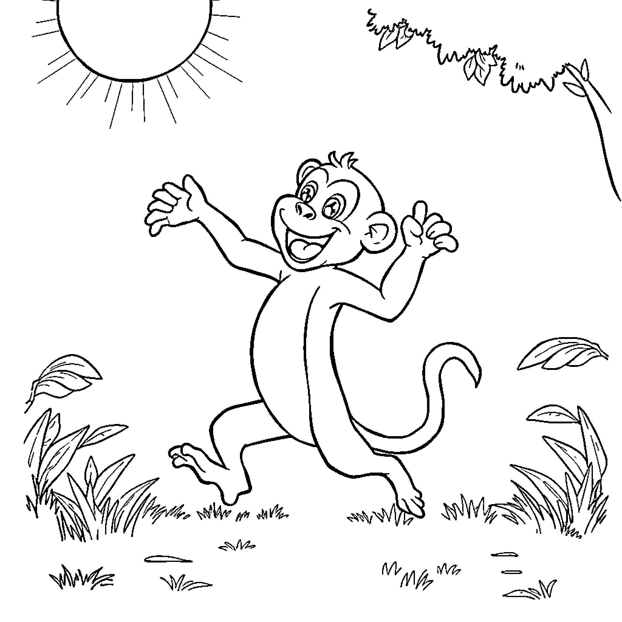Monkey celebrating joyfully in nature Coloring Page (free black-and-white line drawing printable PDF for all, from beginners to advanced learners, including children, teens, adults, and seniors)