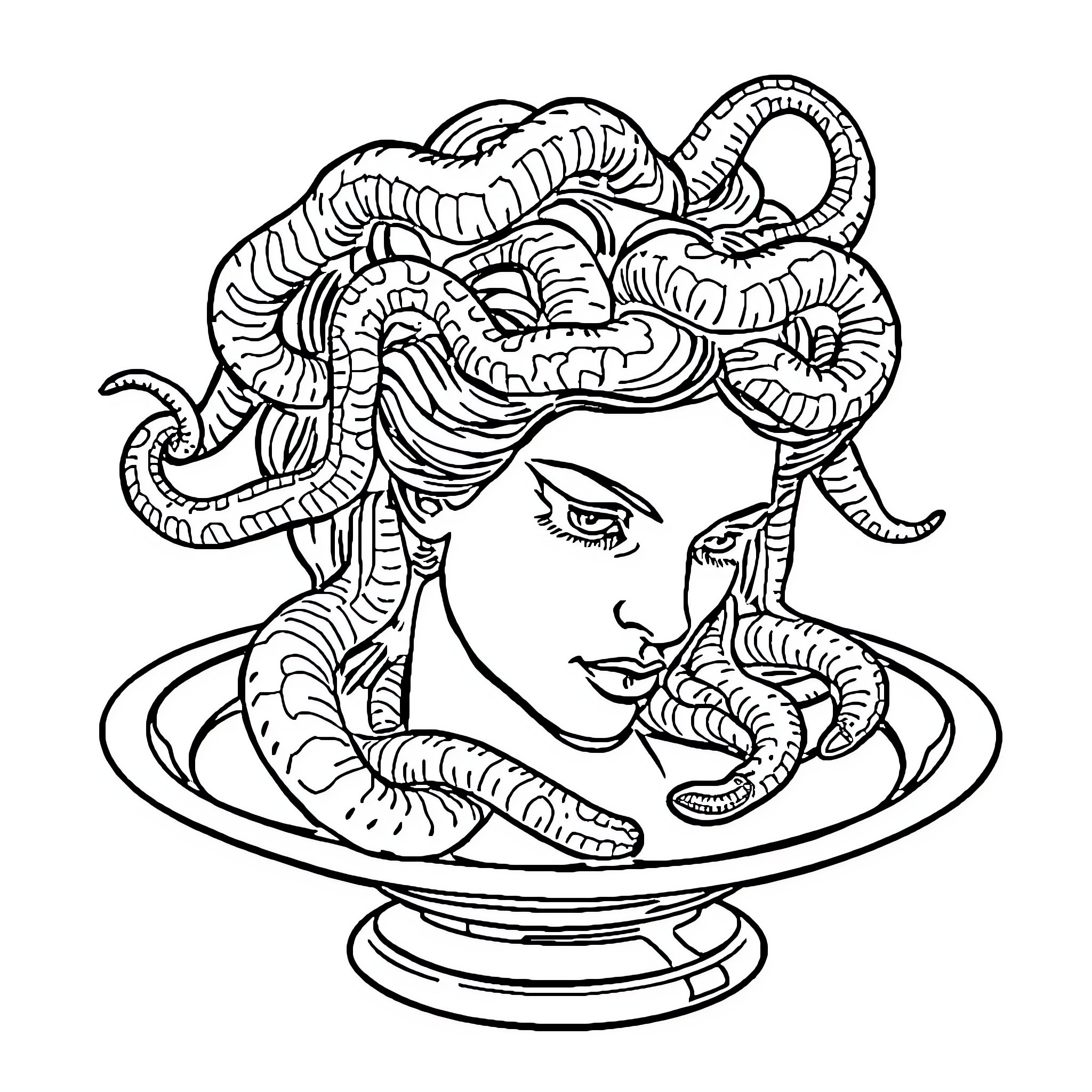 Medusa's Mystical Visage Coloring Page (free black-and-white line drawing printable PDF for all, from beginners to advanced learners, including children, teens, adults, and seniors)