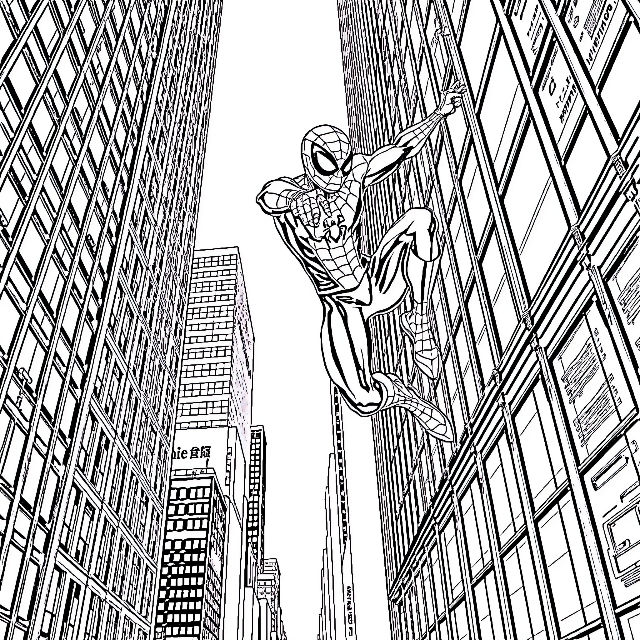 Spiderman swinging through the skyscrapers Coloring Page (free black-and-white line drawing printable PDF for all, from beginners to advanced learners, including children, teens, adults, and seniors)