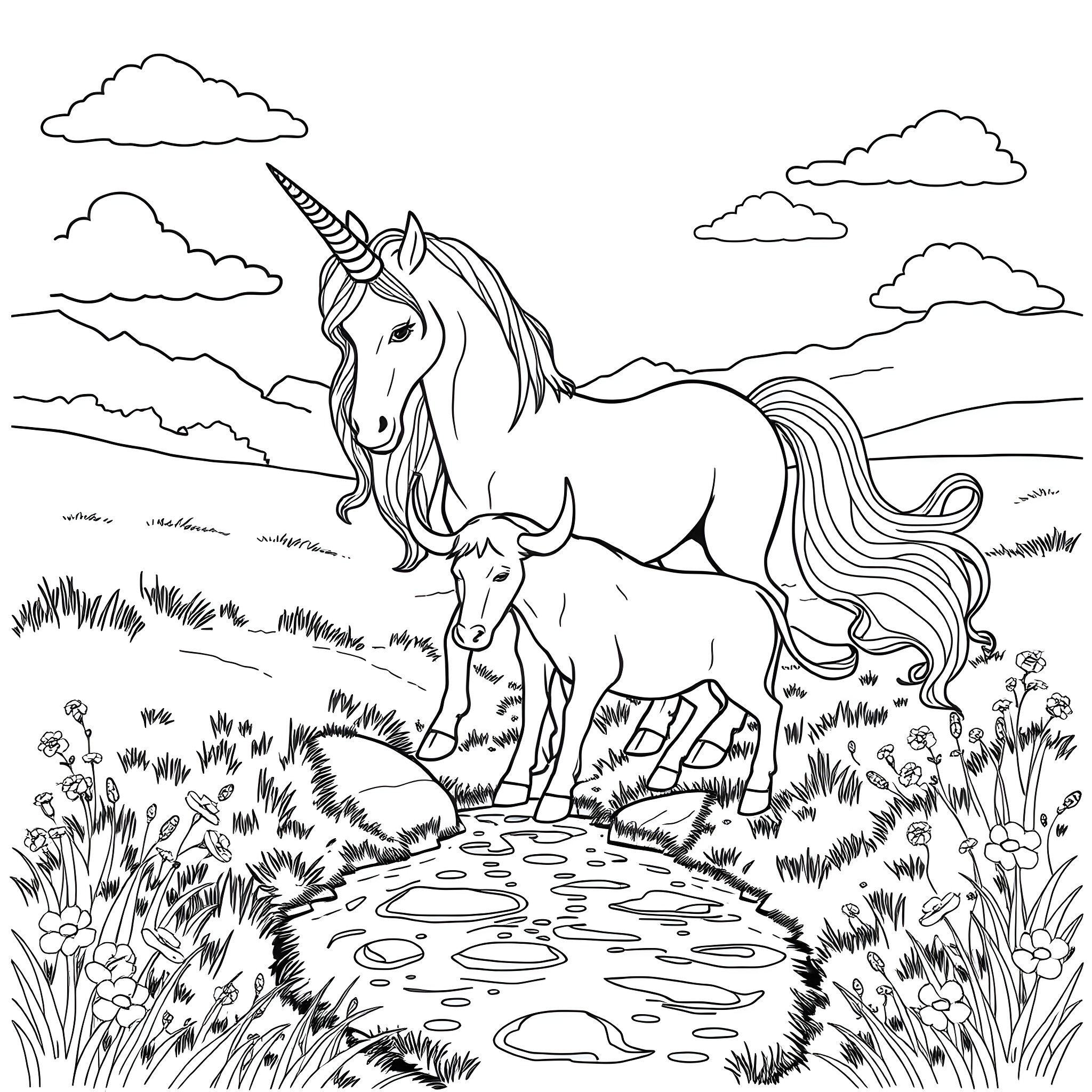 Bull Unicorns in a Serene Meadow Coloring Page (free black-and-white line drawing printable PDF for all, from beginners to advanced learners, including children, teens, adults, and seniors)