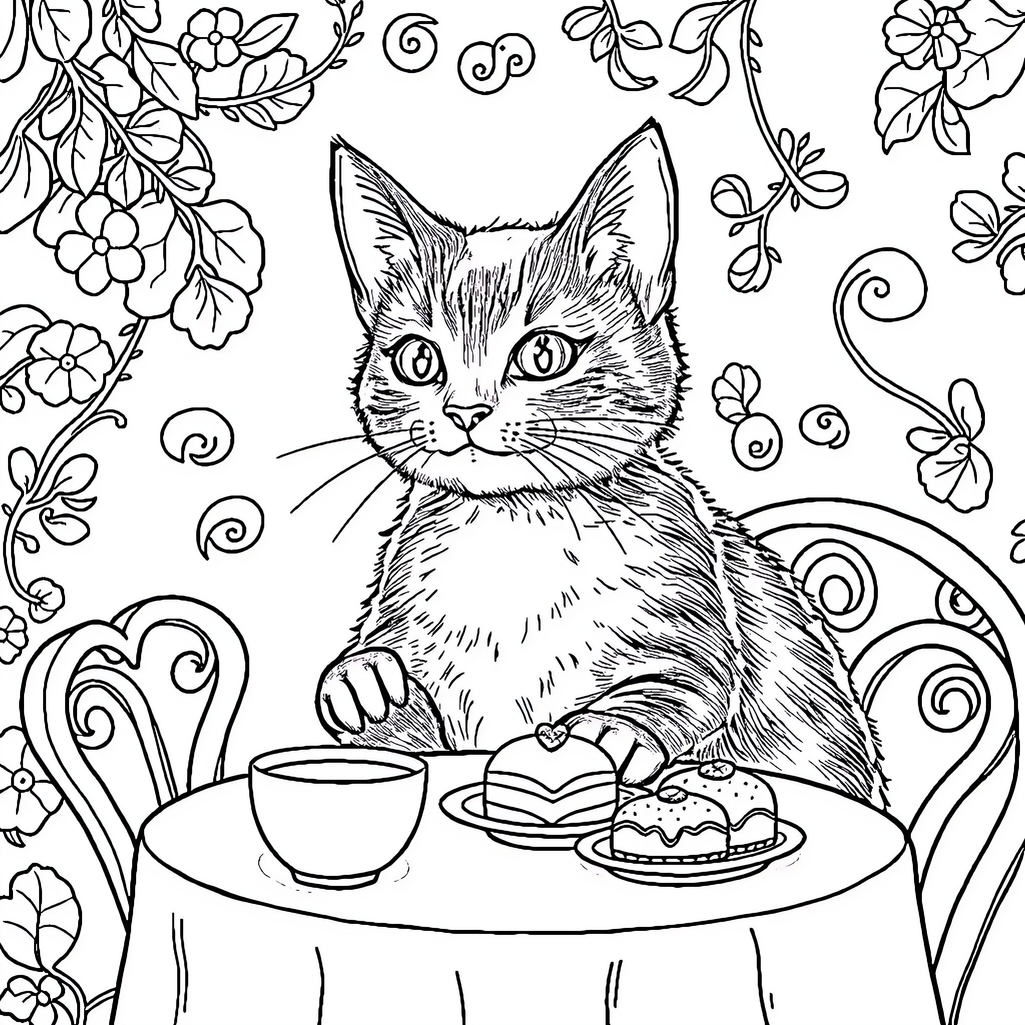 CatRat Enjoying Tea and Sweets Coloring Page (free black-and-white line drawing printable PDF for all, from beginners to advanced learners, including children, teens, adults, and seniors)