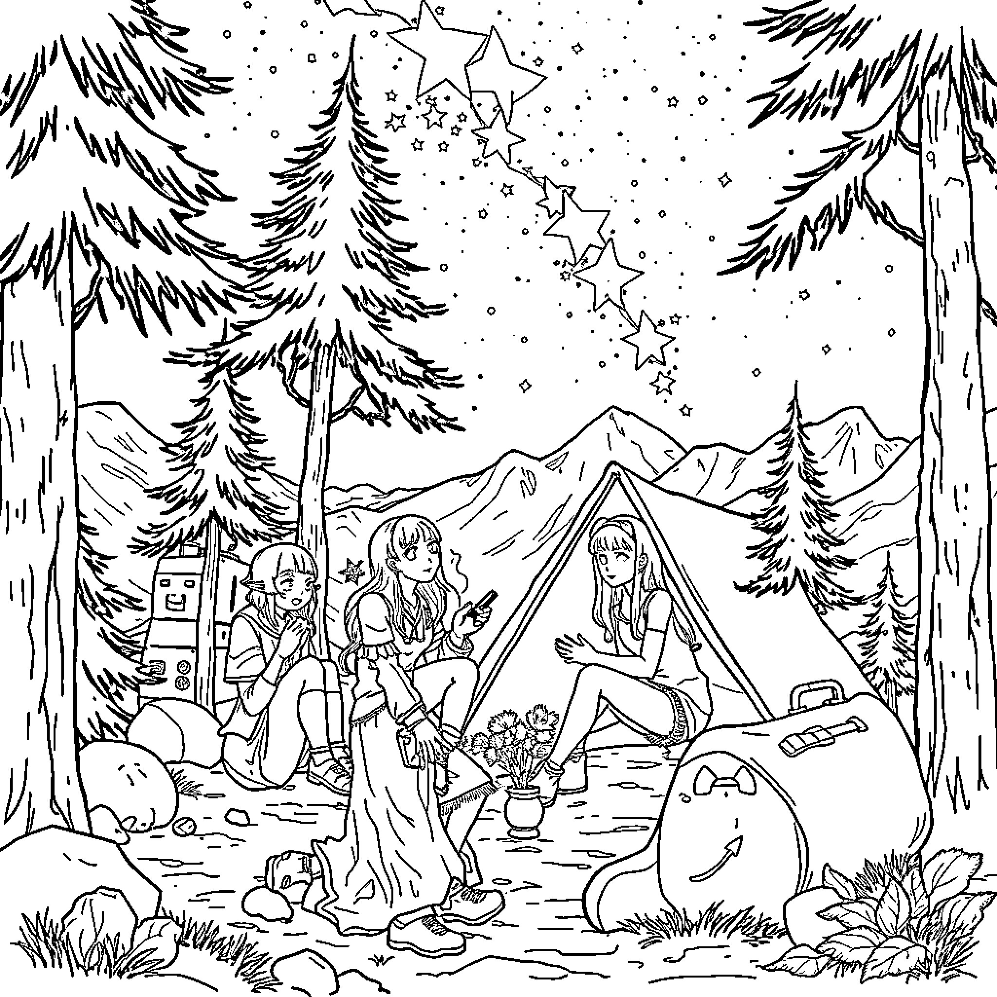Warrior group camping under the starry night sky Coloring Page (free black-and-white line drawing printable PDF for all, from beginners to advanced learners, including children, teens, adults, and seniors)