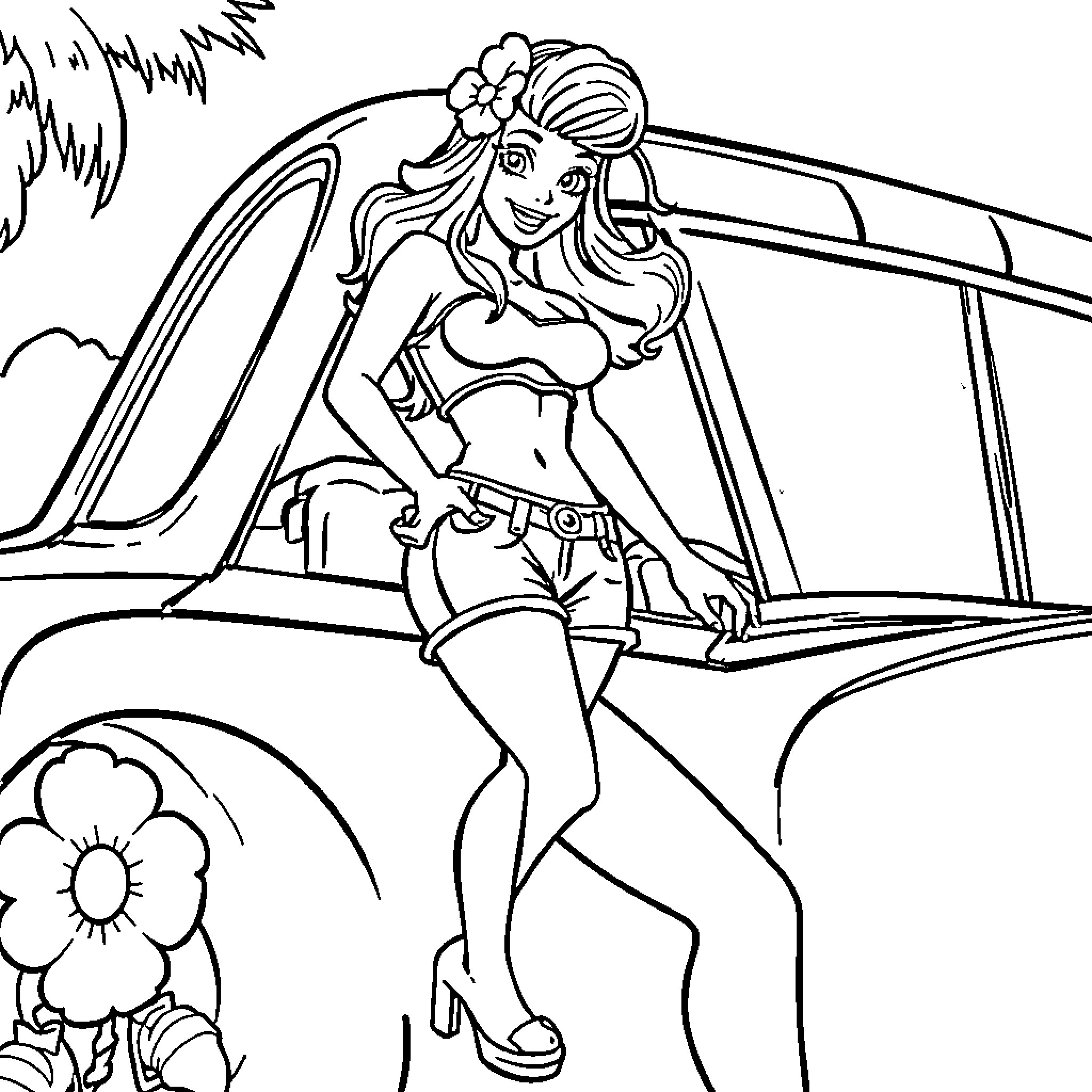 Daisy Duke posing by her vintage car Coloring Page (free black-and-white line drawing printable PDF for all, from beginners to advanced learners, including children, teens, adults, and seniors)