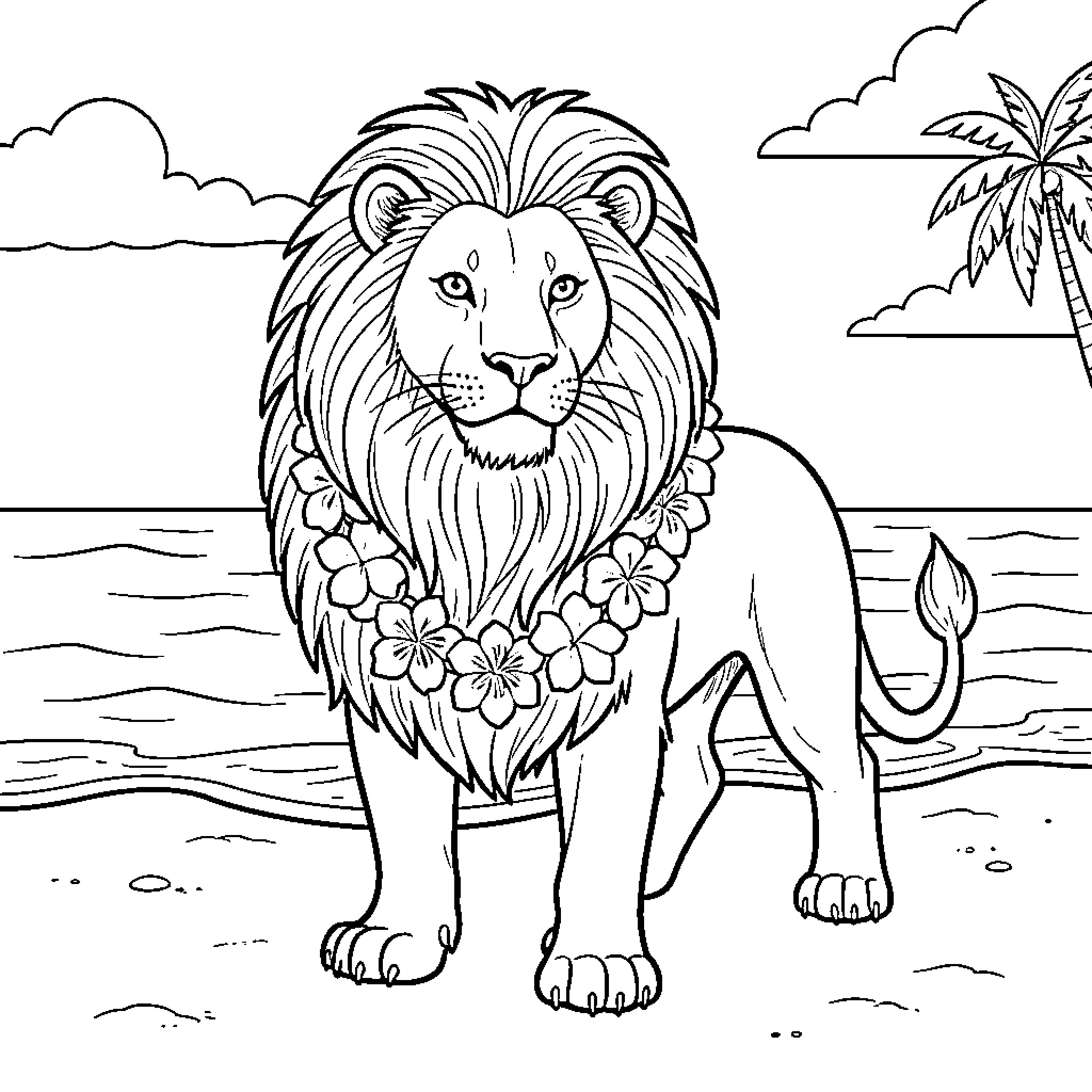 Lion with flowers in a tropical setting Coloring Page (free black-and-white line drawing printable PDF for all, from beginners to advanced learners, including children, teens, adults, and seniors)