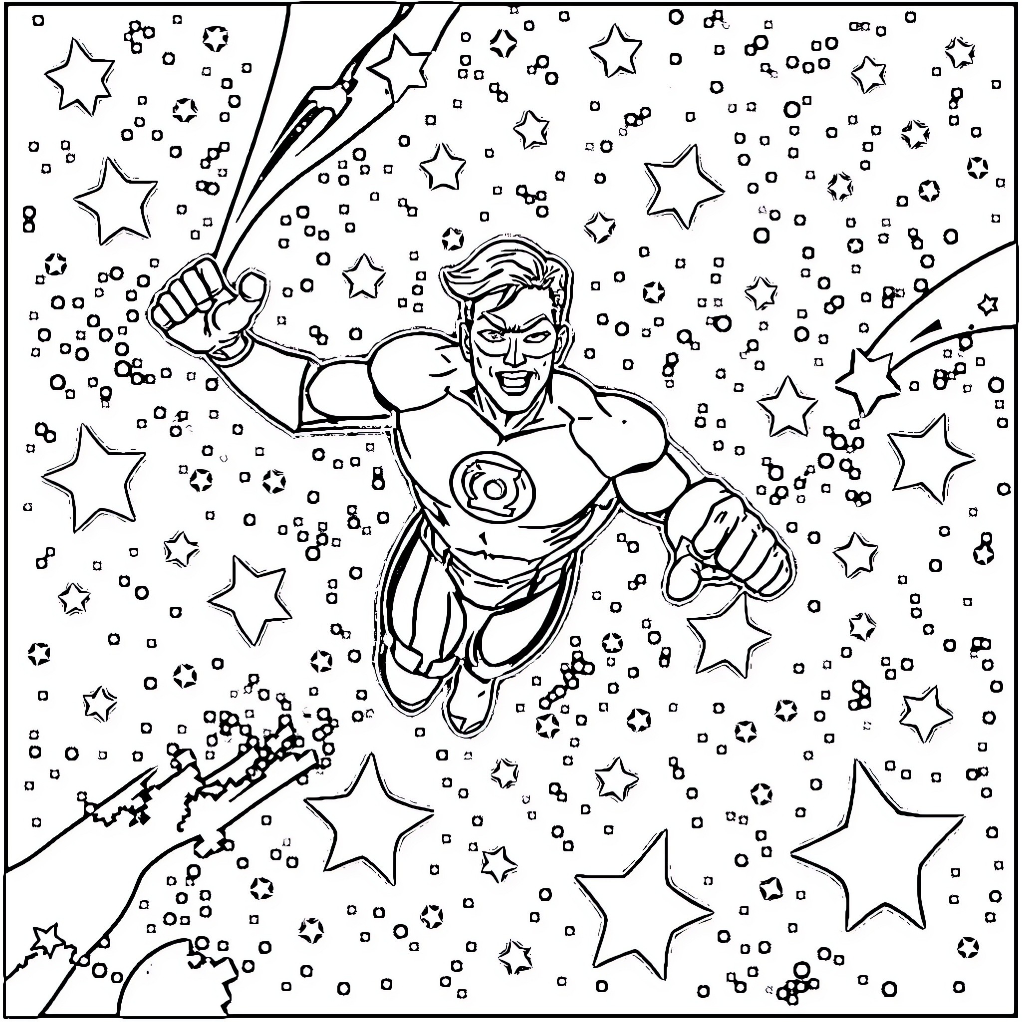 Green Lantern heroically soaring through the cosmic sky Coloring Page (free black-and-white line drawing printable PDF for all, from beginners to advanced learners, including children, teens, adults, and seniors)
