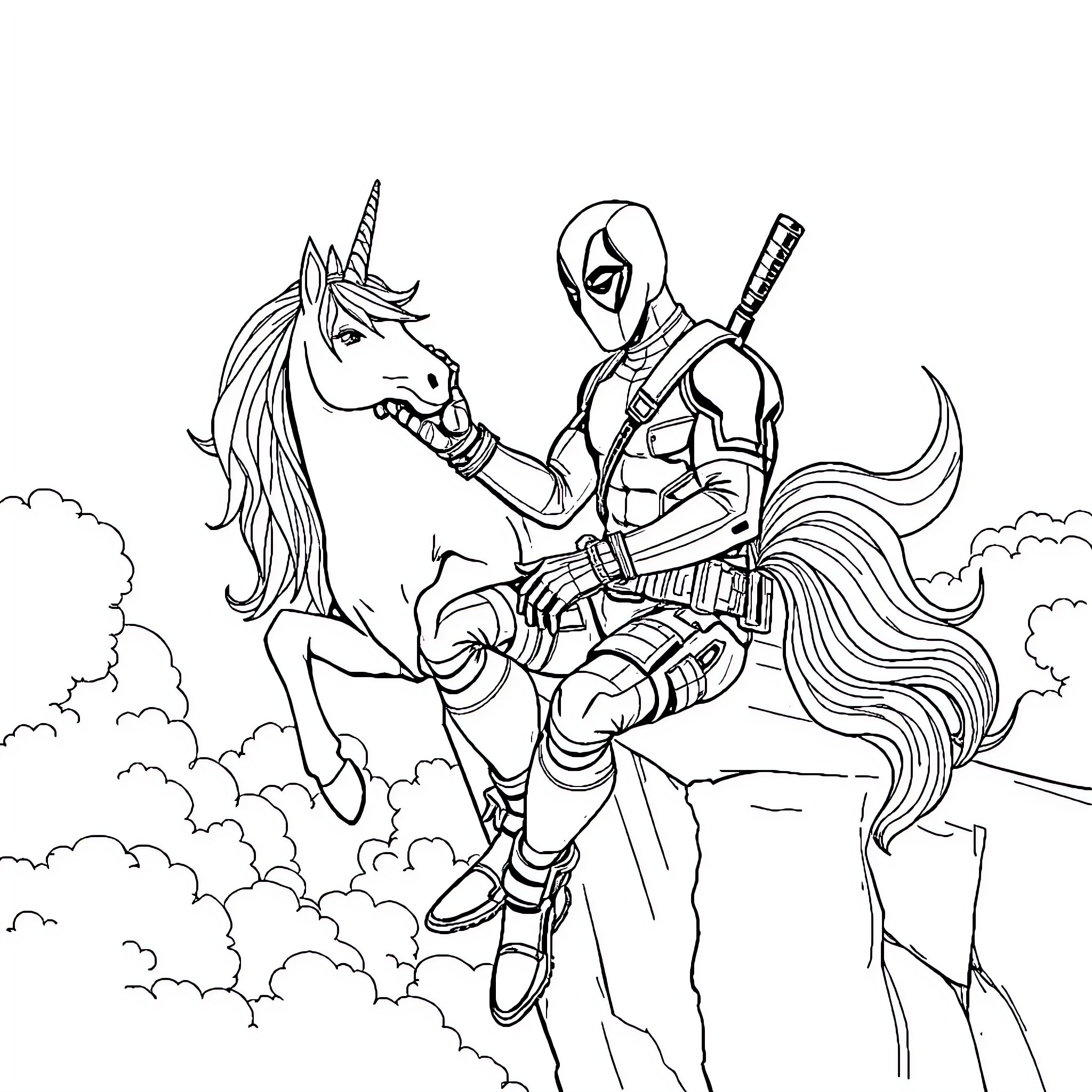 Deadpool riding a magical unicorn in the sky Coloring Page (free black-and-white line drawing printable PDF for all, from beginners to advanced learners, including children, teens, adults, and seniors)