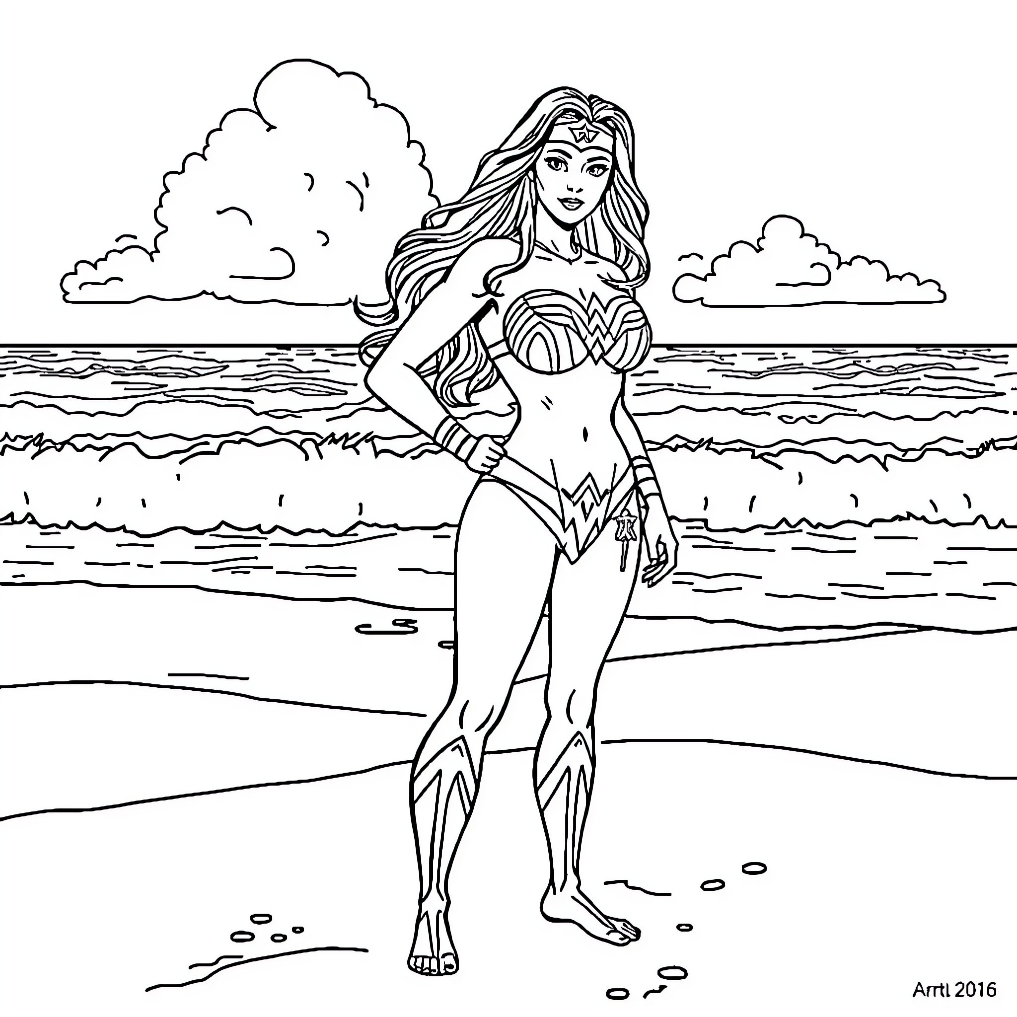Wonder Woman standing tall on the beach Coloring Page (free black-and-white line drawing printable PDF for all, from beginners to advanced learners, including children, teens, adults, and seniors)