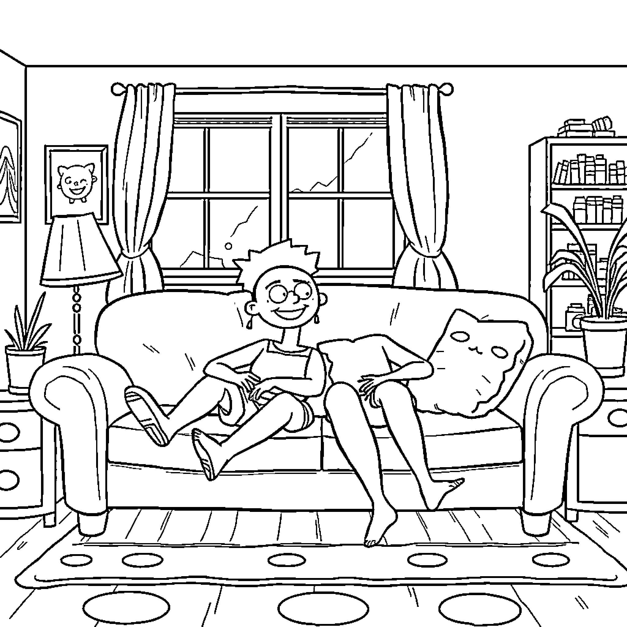 Couple relaxing together in cozy living room Coloring Page (free black-and-white line drawing printable PDF for all, from beginners to advanced learners, including children, teens, adults, and seniors)