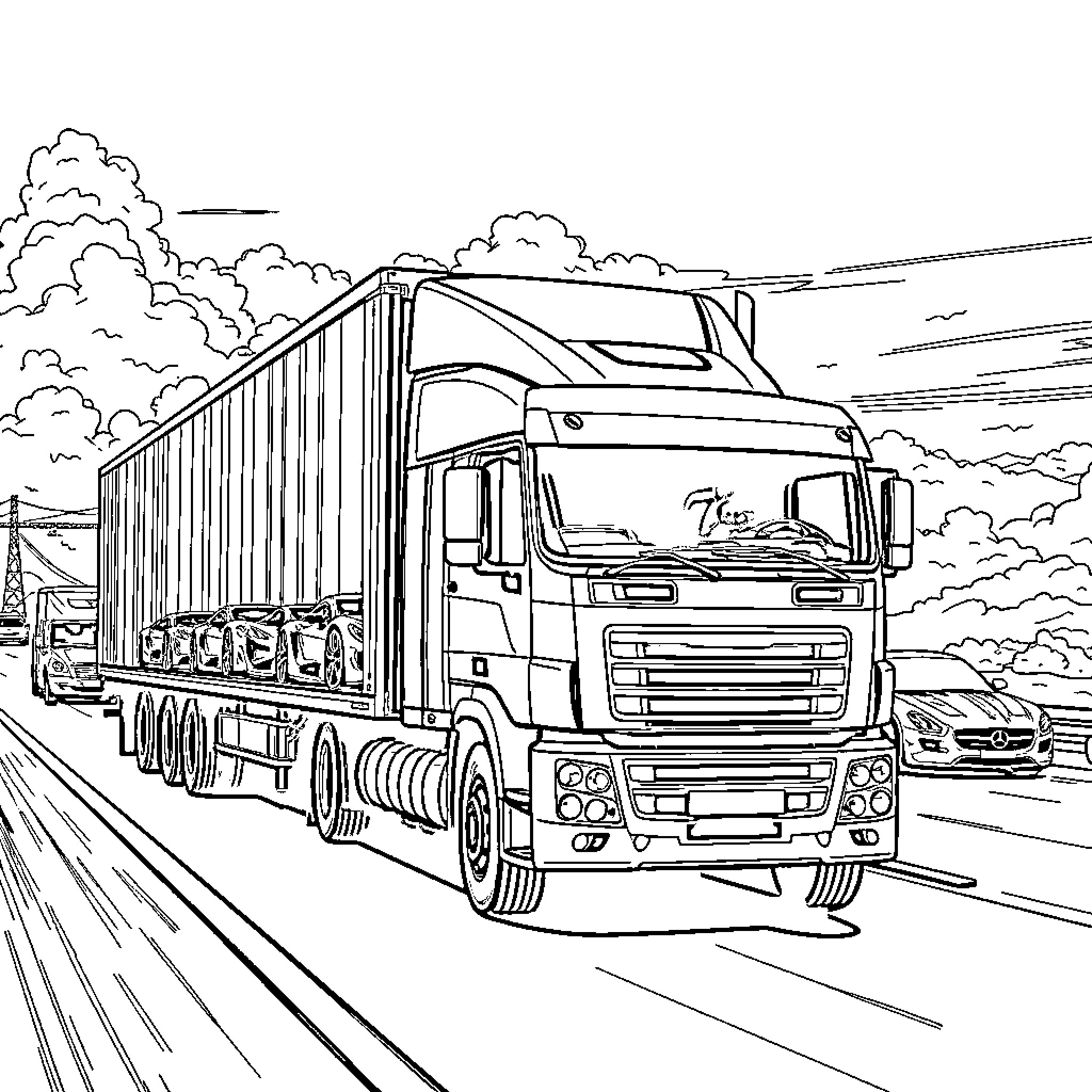 Truck transporting cargo on the highway Coloring Page (free black-and-white line drawing printable PDF for all, from beginners to advanced learners, including children, teens, adults, and seniors)