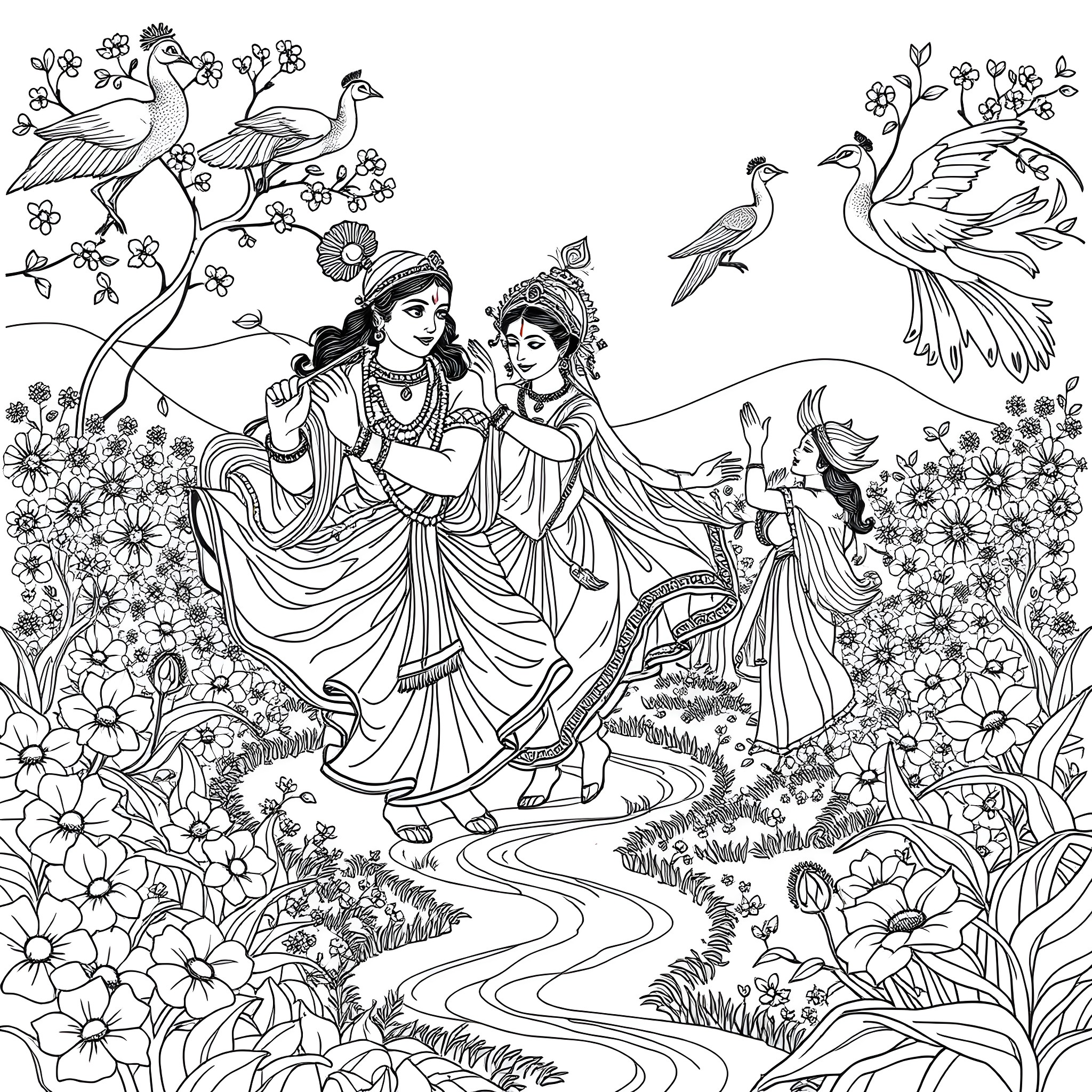 Lord Krishna and Radha dancing amidst nature's beauty Coloring Page (free black-and-white line drawing printable PDF for all, from beginners to advanced learners, including children, teens, adults, and seniors)