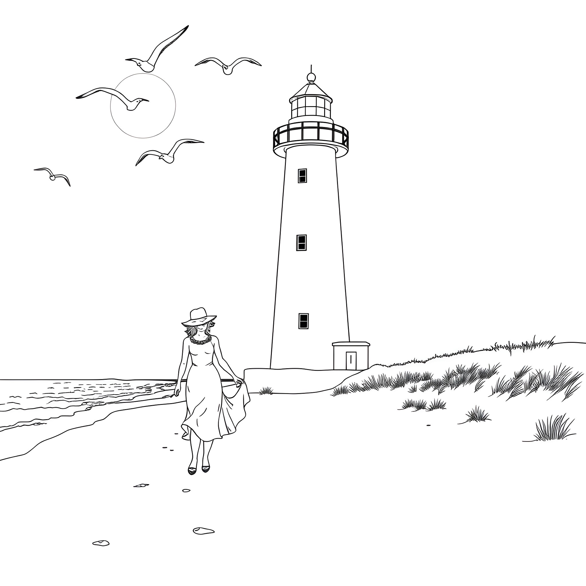 Couple walking by the lighthouse on the beach Coloring Page (free black-and-white line drawing printable PDF for all, from beginners to advanced learners, including children, teens, adults, and seniors)