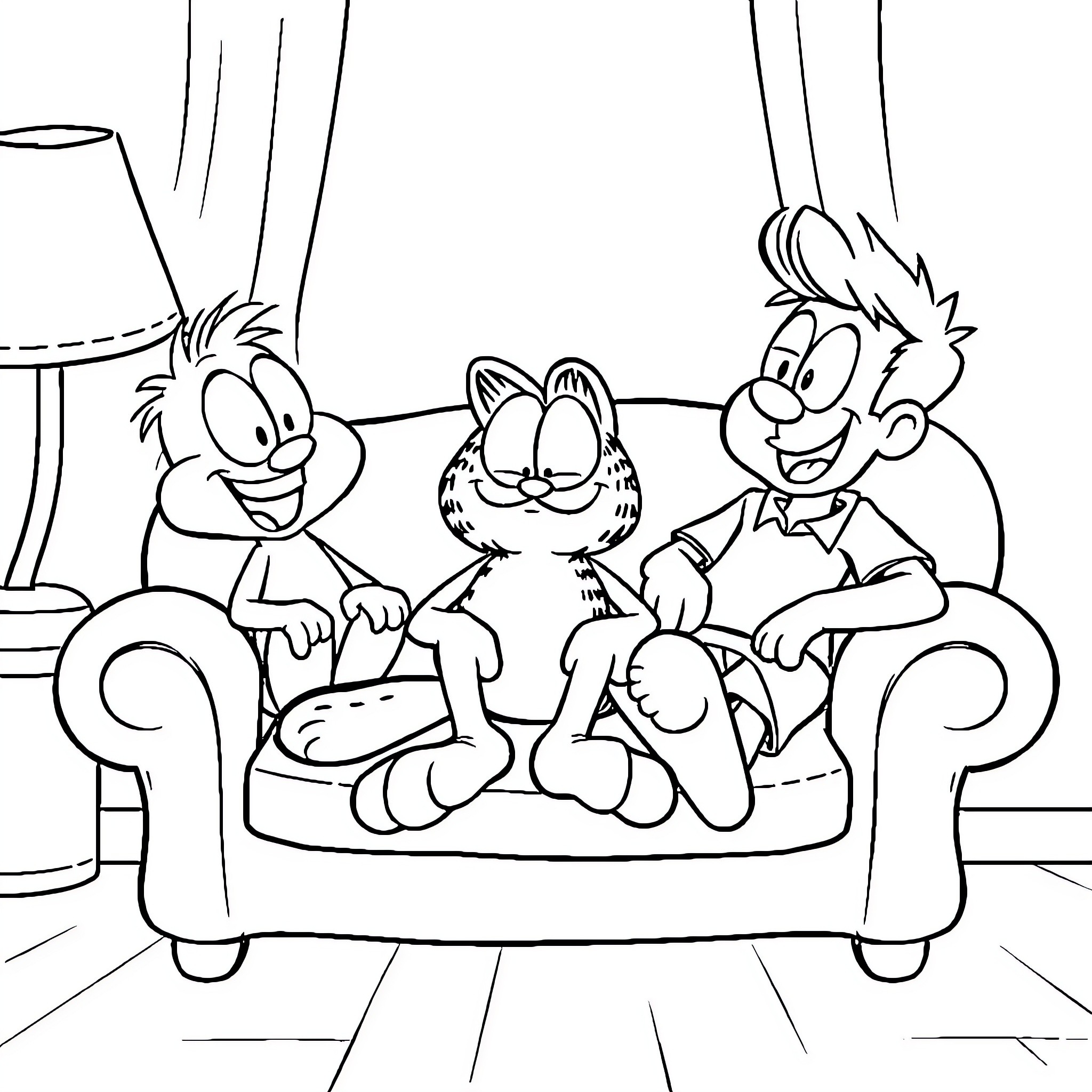 Garfield and Friends Enjoying a Cozy Day Coloring Page (free black-and-white line drawing printable PDF for all, from beginners to advanced learners, including children, teens, adults, and seniors)