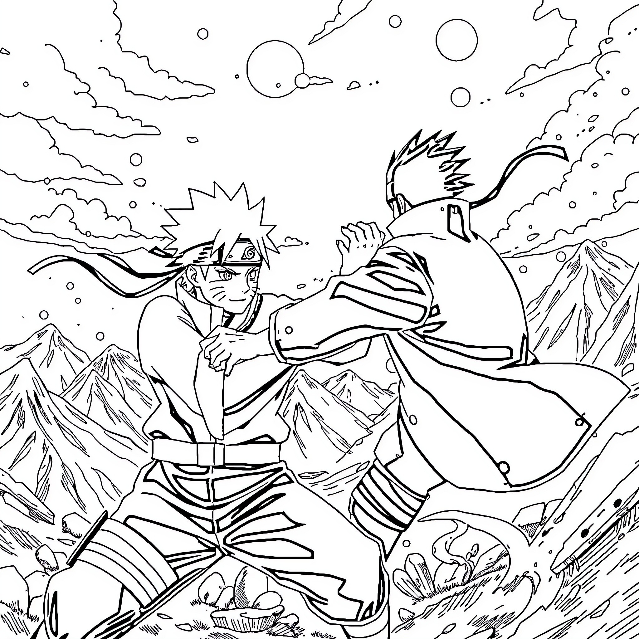 Naruto and Friend Engaged in Intense Combat Coloring Page (free black-and-white line drawing printable PDF for all, from beginners to advanced learners, including children, teens, adults, and seniors)