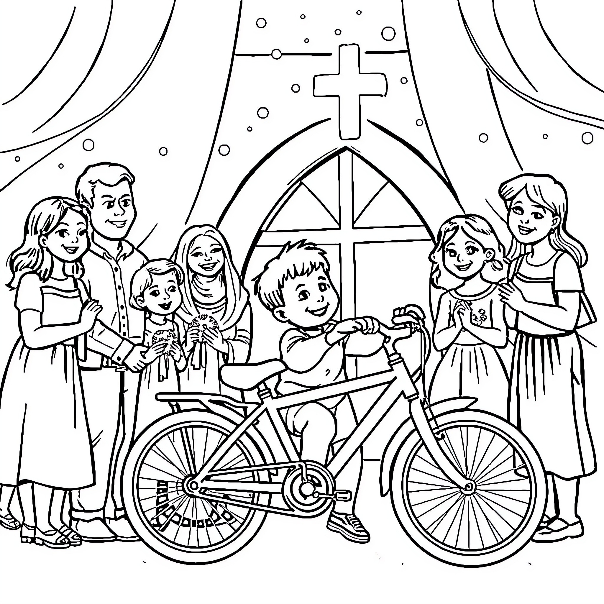 Bicycle ride in a religious community Coloring Page (free black-and-white line drawing printable PDF for all, from beginners to advanced learners, including children, teens, adults, and seniors)