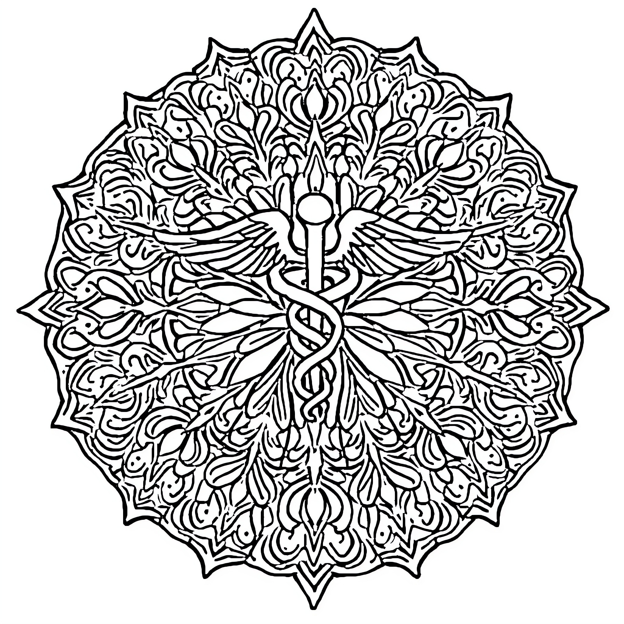 Mandala featuring intricate symmetrical pattern Coloring Page (free black-and-white line drawing printable PDF for all, from beginners to advanced learners, including children, teens, adults, and seniors)