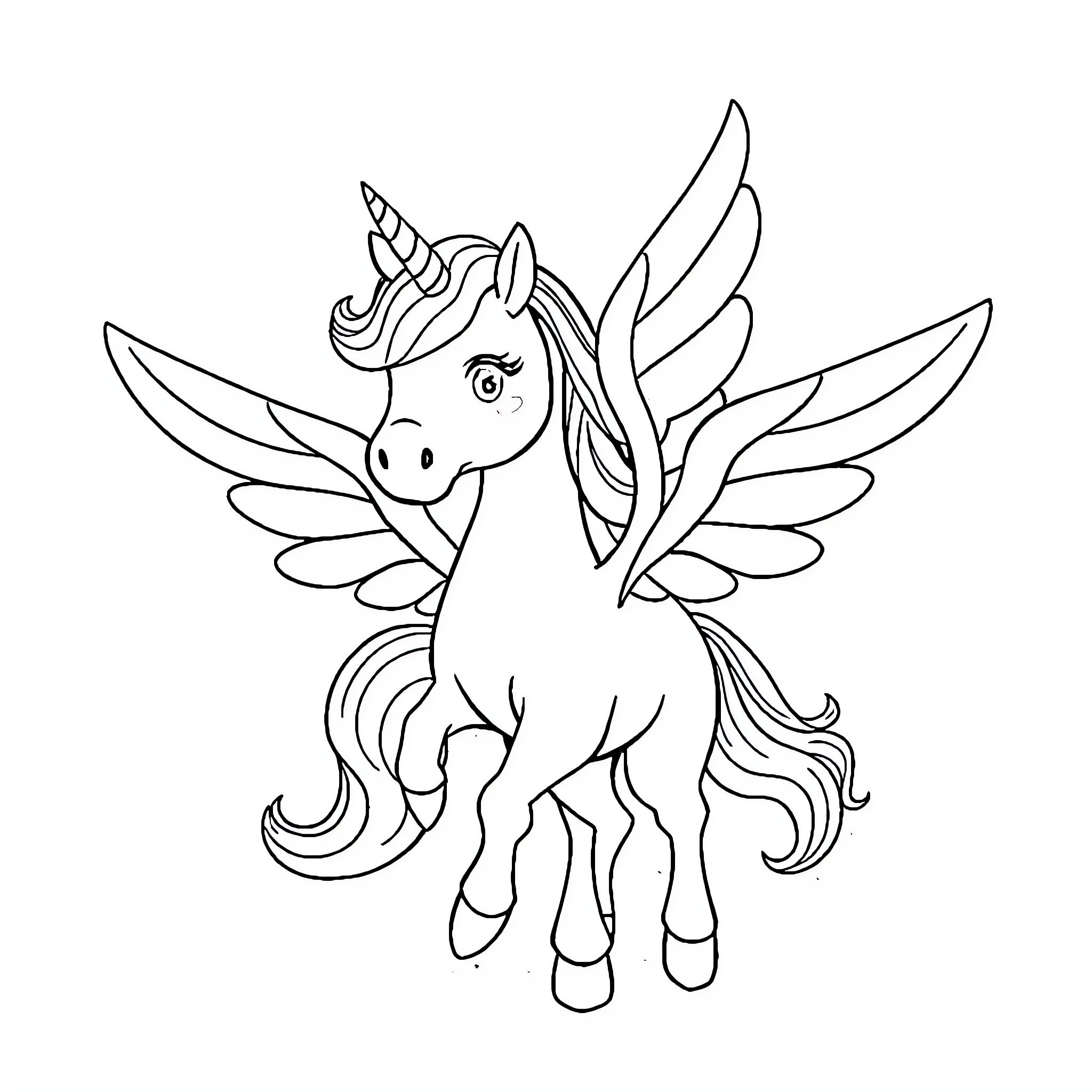 Unicorn with magnificent wings in flight Coloring Page (free black-and-white line drawing printable PDF for all, from beginners to advanced learners, including children, teens, adults, and seniors)