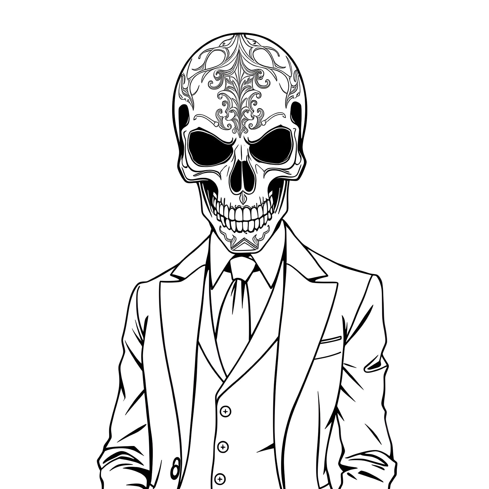 Masked Figure in Formal Attire Coloring Page (free black-and-white line drawing printable PDF for all, from beginners to advanced learners, including children, teens, adults, and seniors)