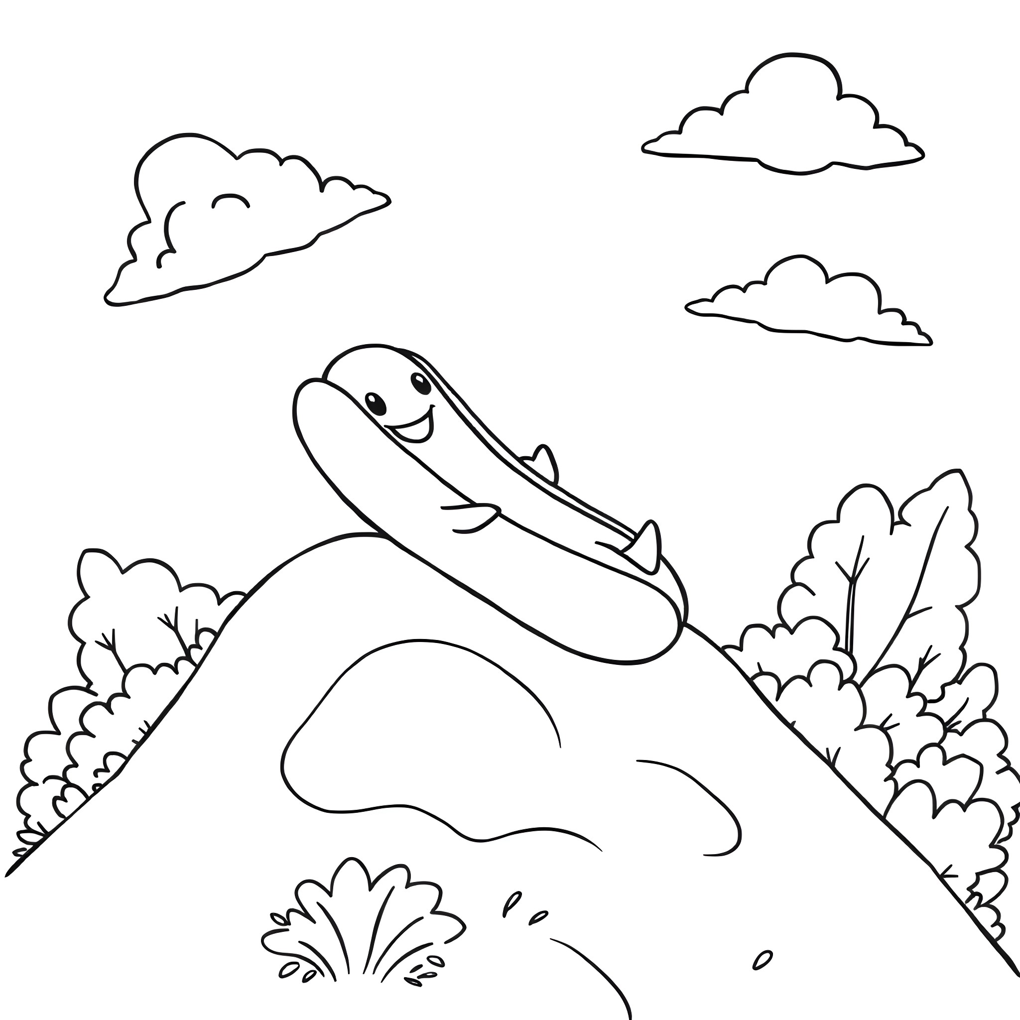 Hotdog rolling playfully on the hill Coloring Page (free black-and-white line drawing printable PDF for all, from beginners to advanced learners, including children, teens, adults, and seniors)