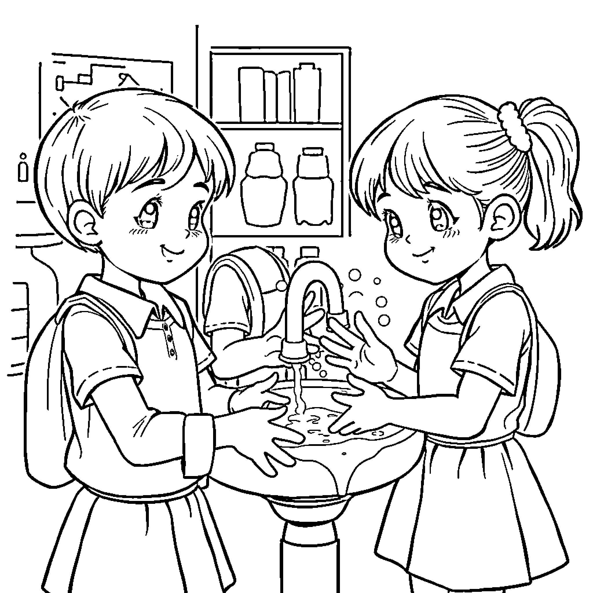 Niños lavándose las manos juntos en el lavabo Coloring Page (free black-and-white line drawing printable PDF for all, from beginners to advanced learners, including children, teens, adults, and seniors)