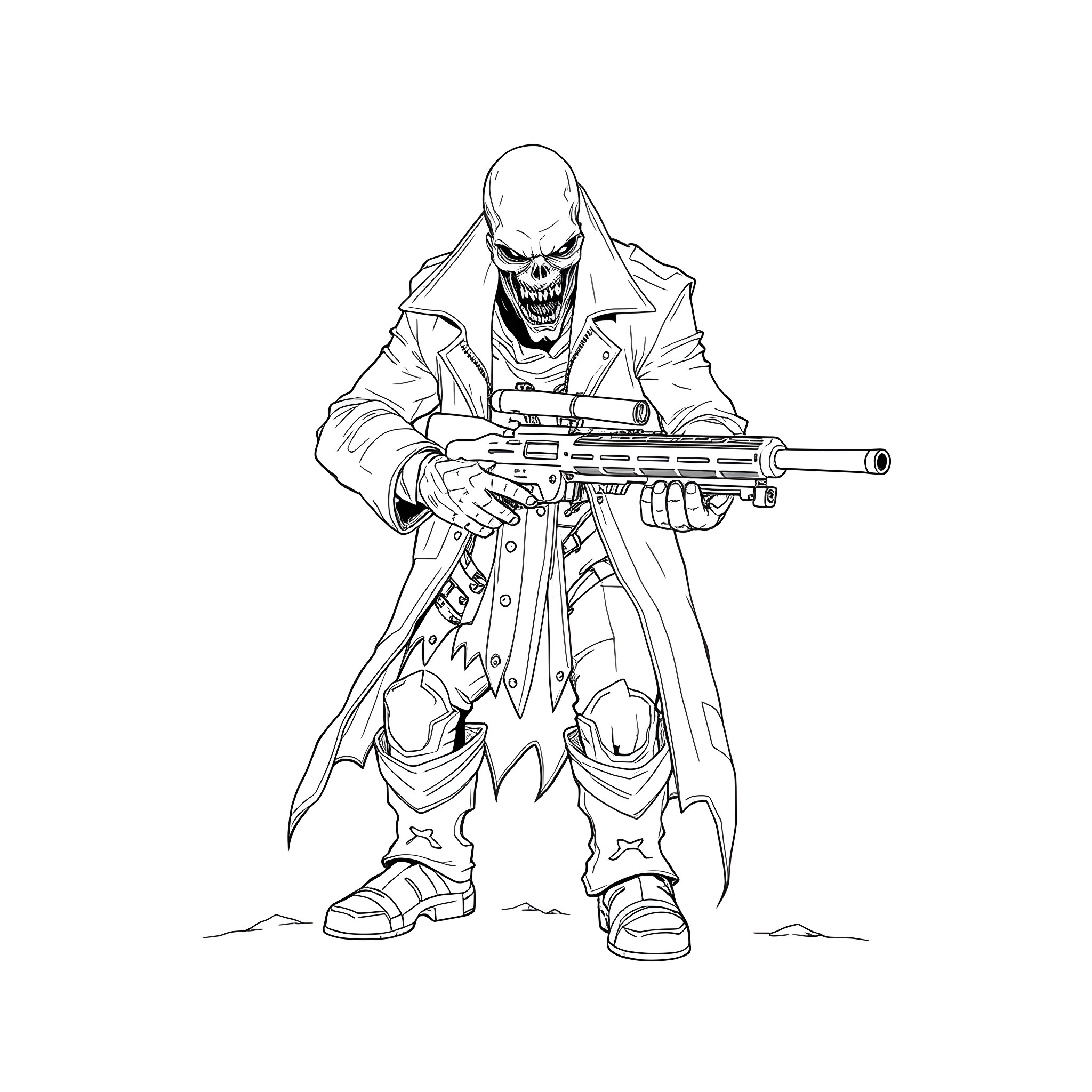 Zombie Warrior Wielding Futuristic Weapon Coloring Page (free black-and-white line drawing printable PDF for all, from beginners to advanced learners, including children, teens, adults, and seniors)