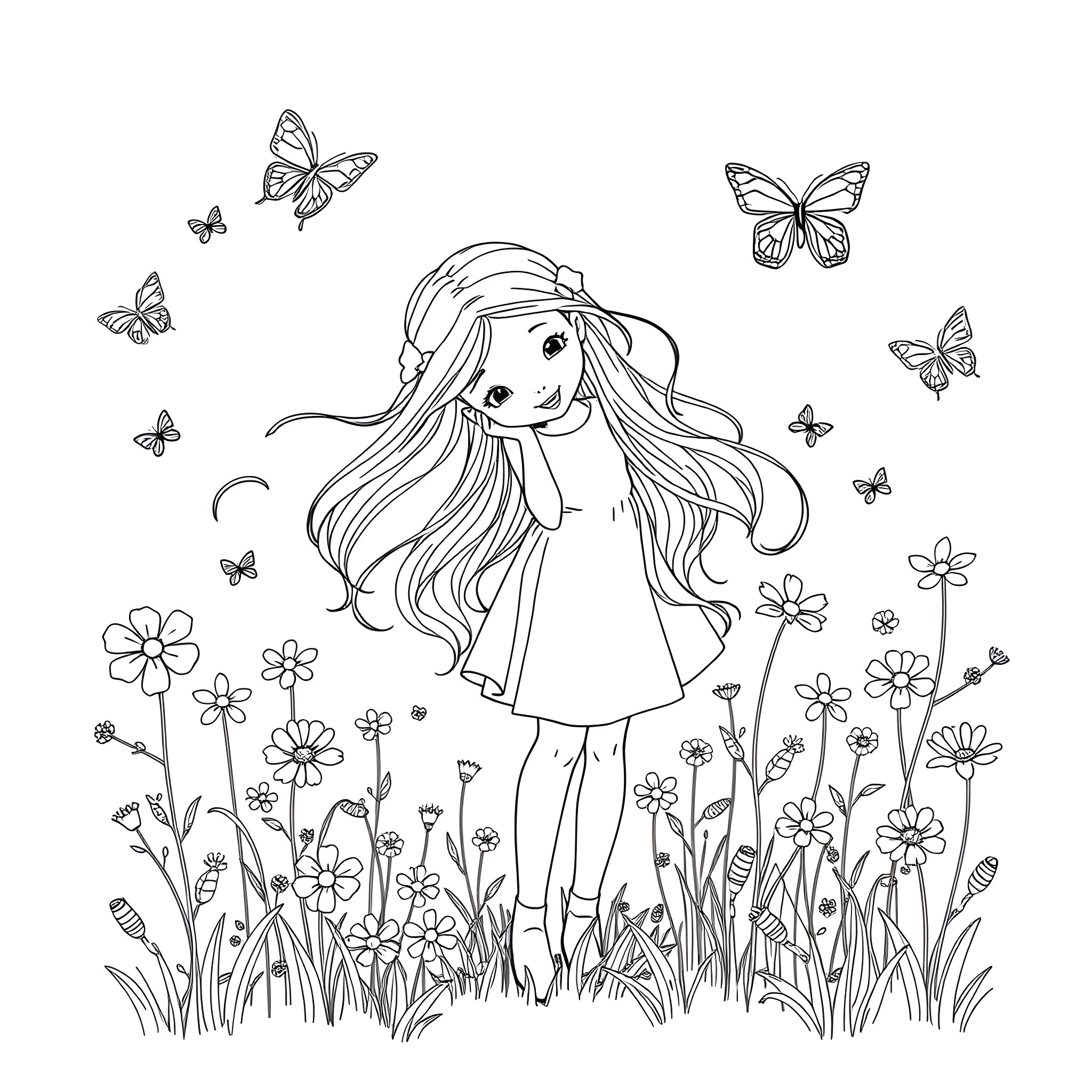 Girl surrounded by butterflies and flowers Coloring Page (free black-and-white line drawing printable PDF for all, from beginners to advanced learners, including children, teens, adults, and seniors)