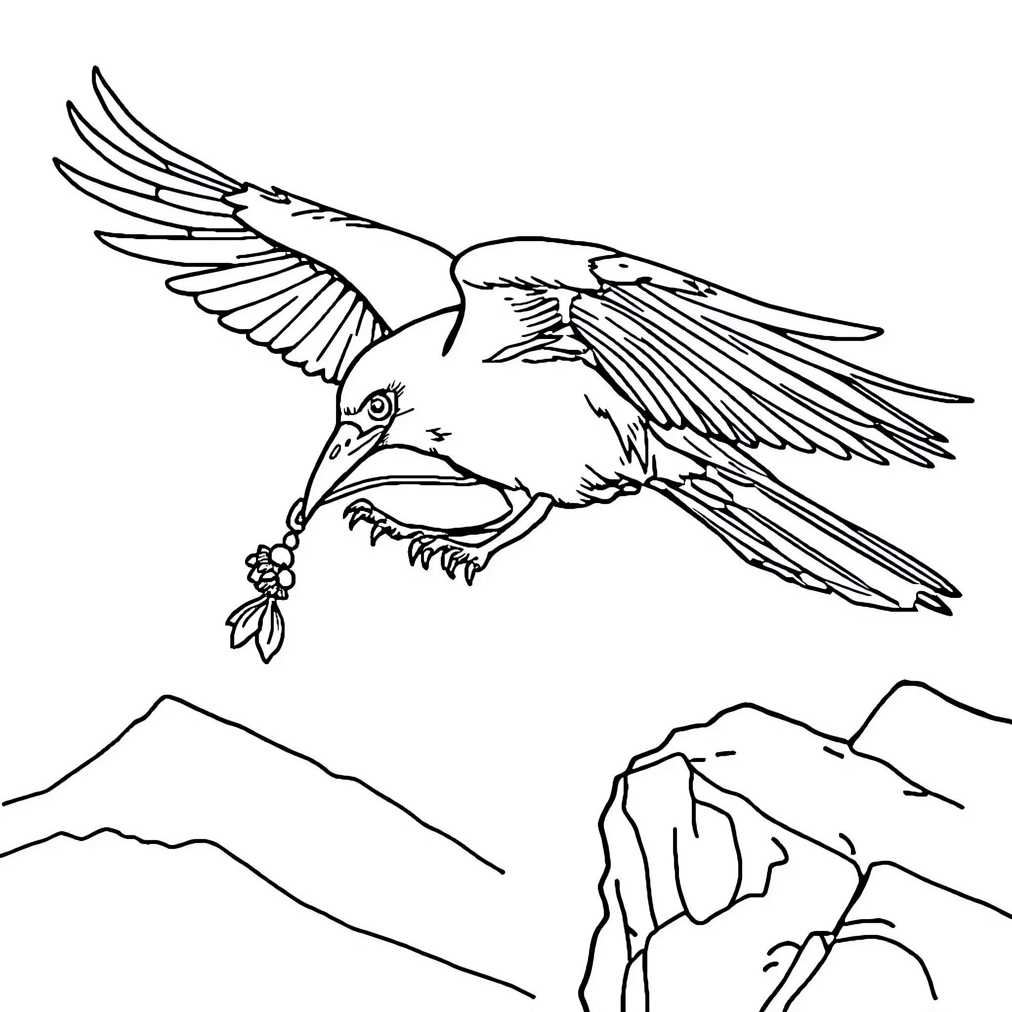 Crow soaring gracefully above rugged mountains Coloring Page (free black-and-white line drawing printable PDF for all, from beginners to advanced learners, including children, teens, adults, and seniors)
