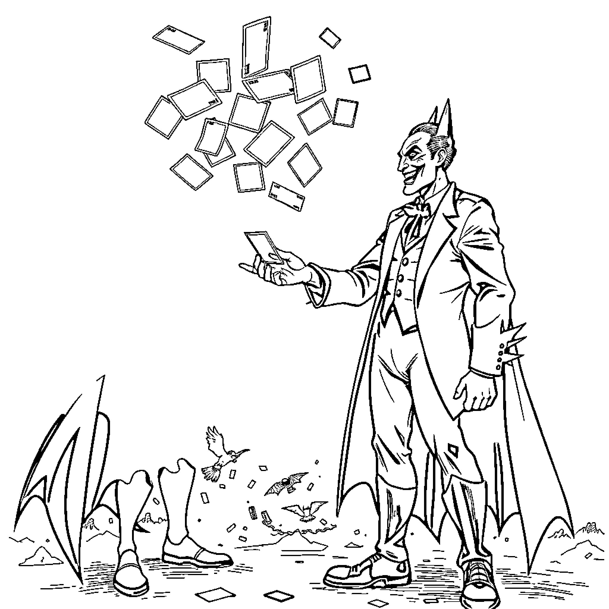 Joker throwing cards in whimsical outdoor scene Coloring Page (free black-and-white line drawing printable PDF for all, from beginners to advanced learners, including children, teens, adults, and seniors)