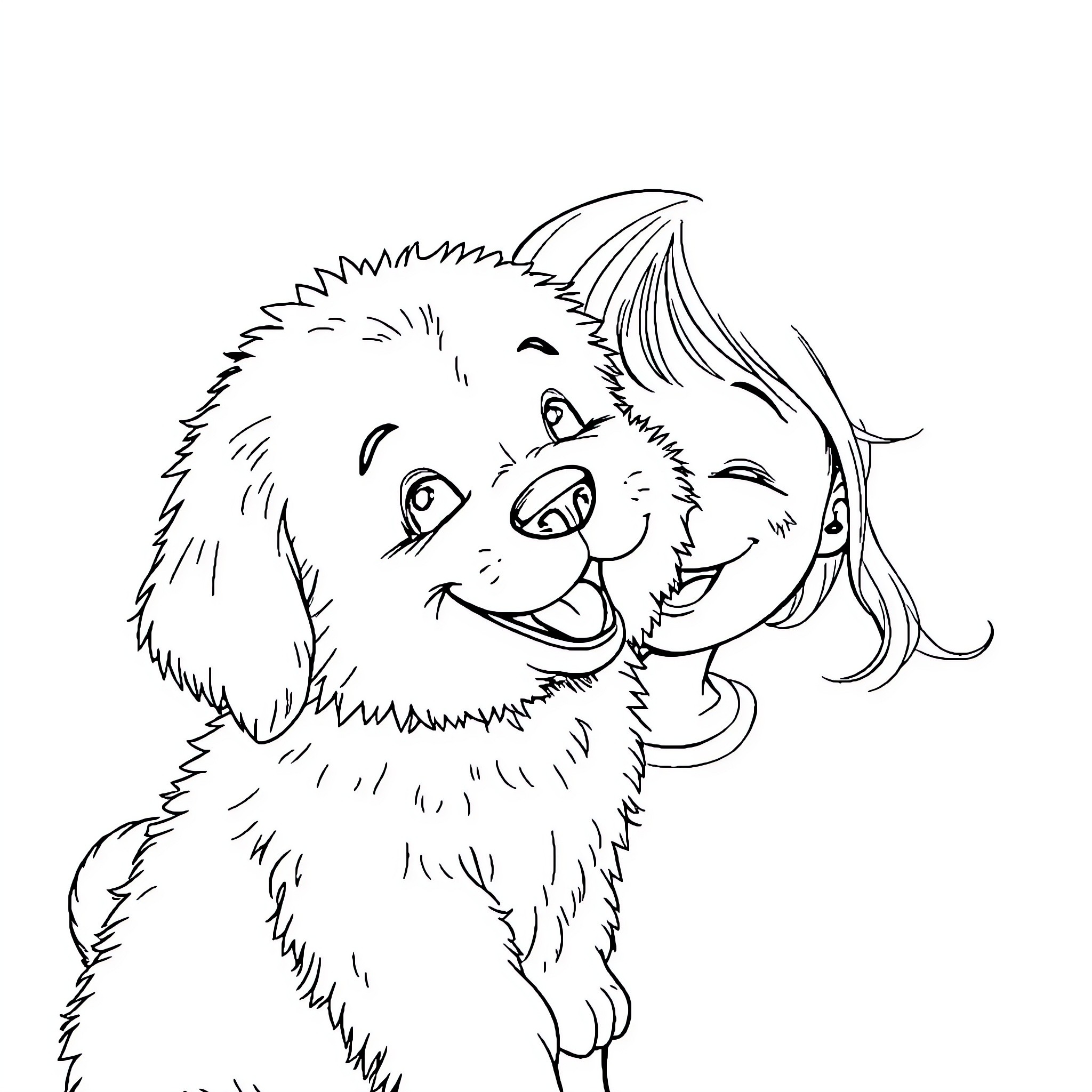 Puppy snuggling happily with its owner Coloring Page (free black-and-white line drawing printable PDF for all, from beginners to advanced learners, including children, teens, adults, and seniors)