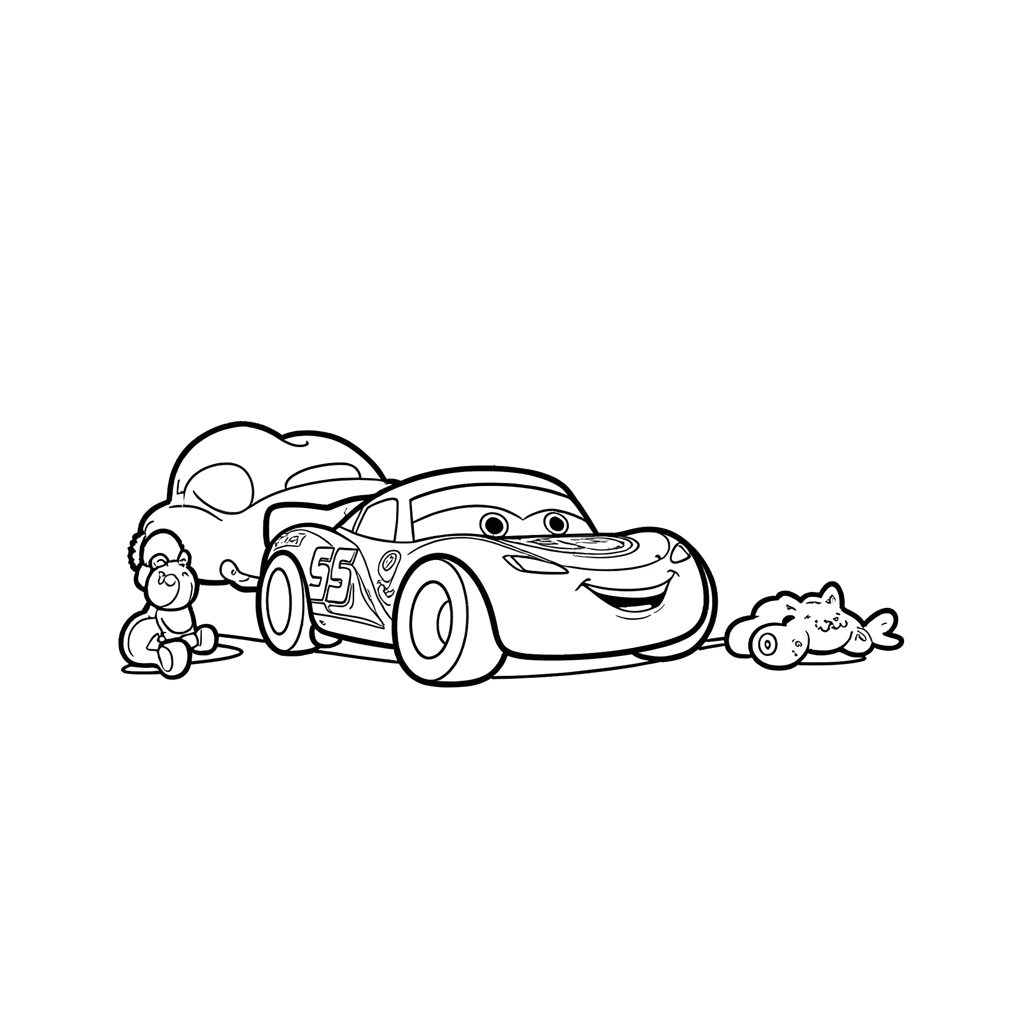 Lightning McQueen playing with friends Coloring Page (free black-and-white line drawing printable PDF for all, from beginners to advanced learners, including children, teens, adults, and seniors)