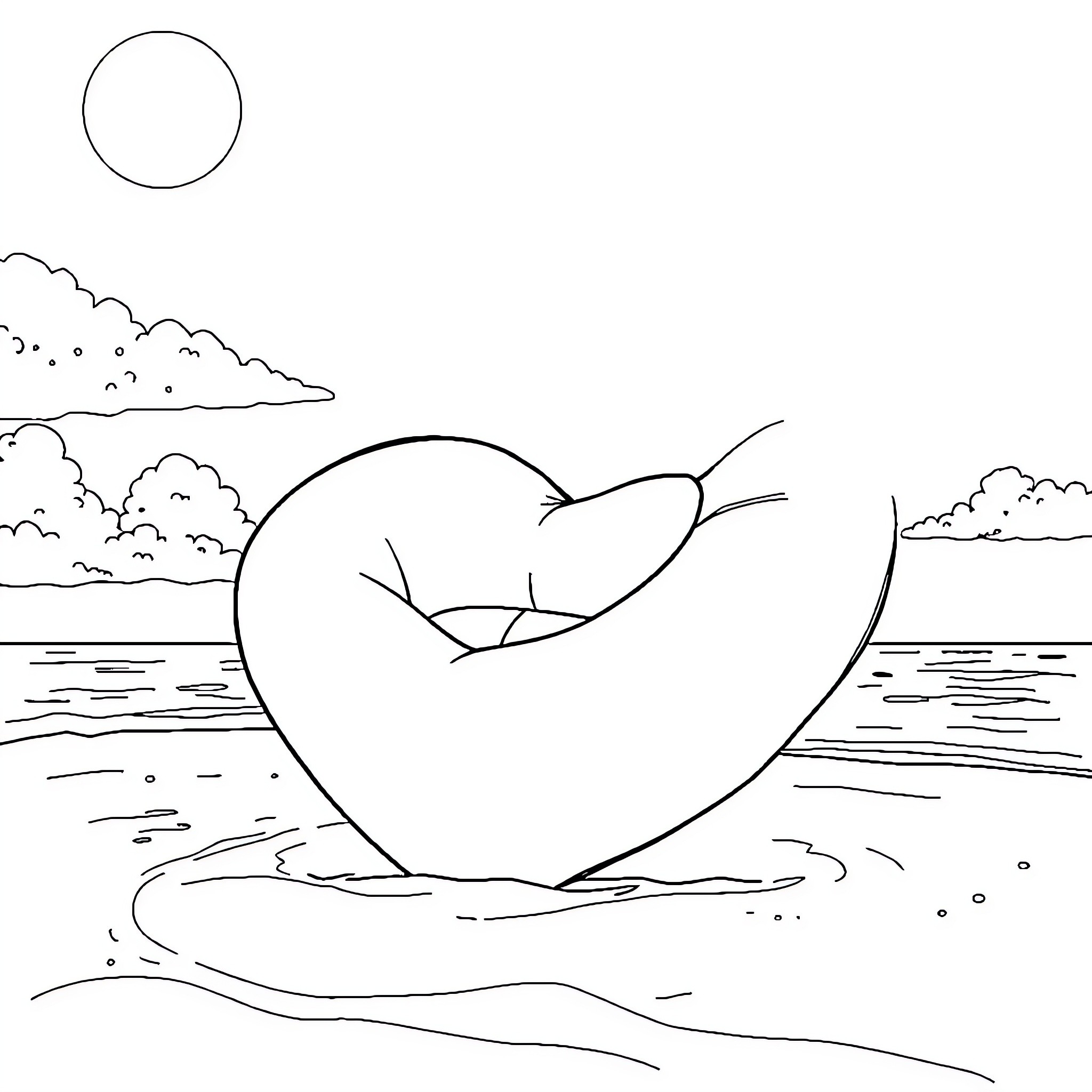Heart Floating on Tranquil Waters Coloring Page (free black-and-white line drawing printable PDF for all, from beginners to advanced learners, including children, teens, adults, and seniors)