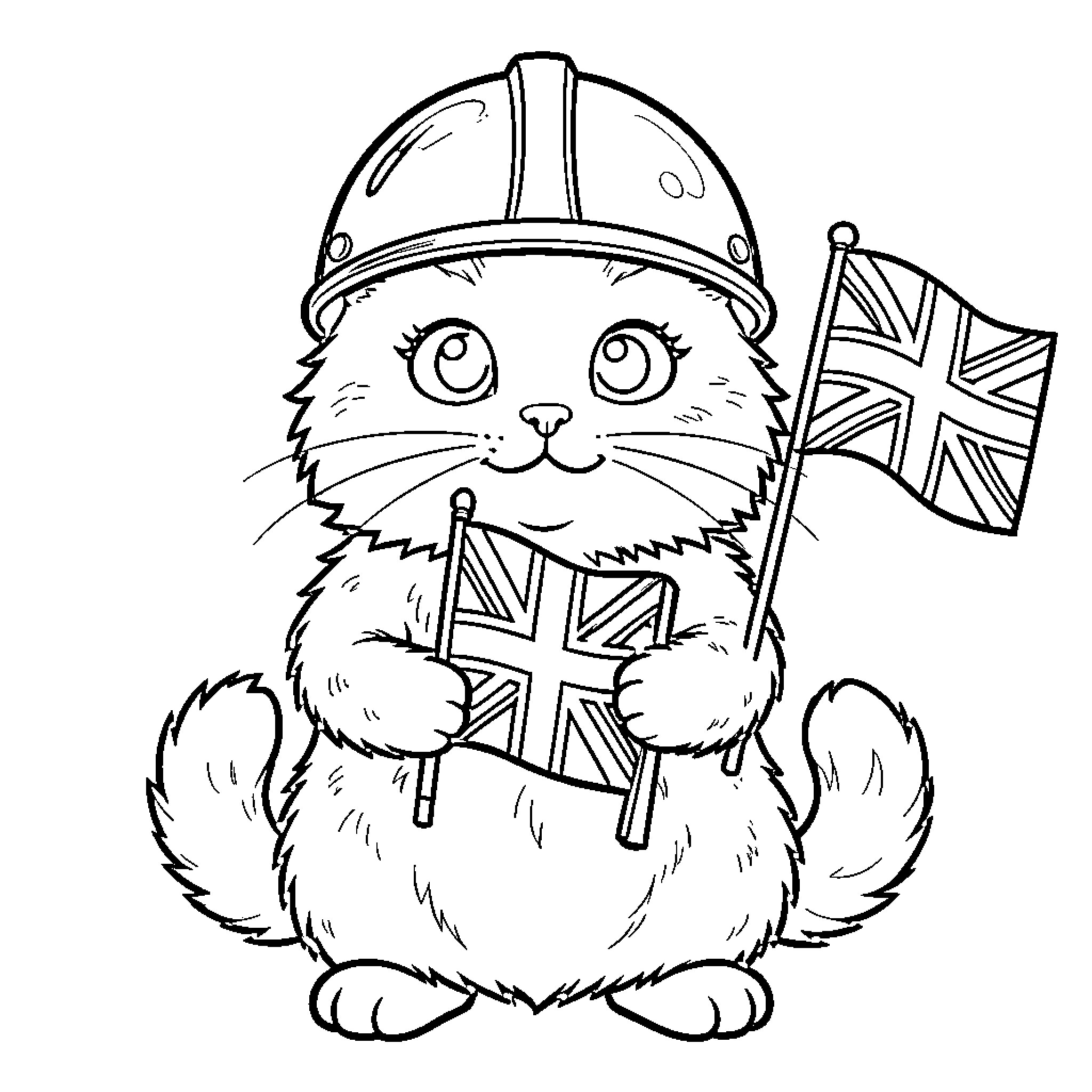 Cat in construction helmet holding British flag Coloring Page (free black-and-white line drawing printable PDF for all, from beginners to advanced learners, including children, teens, adults, and seniors)