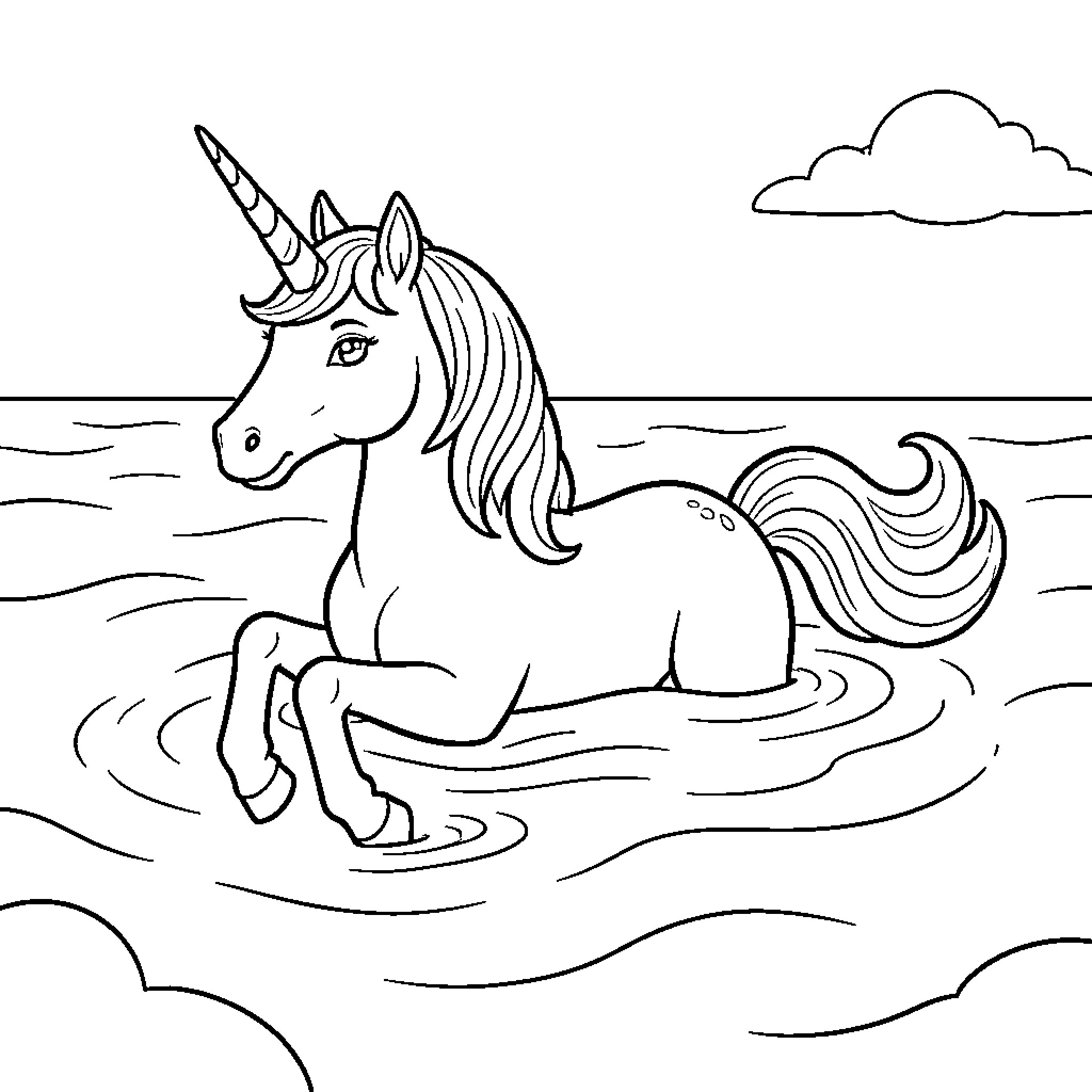Unicorn wading through calm ocean waves Coloring Page (free black-and-white line drawing printable PDF for all, from beginners to advanced learners, including children, teens, adults, and seniors)