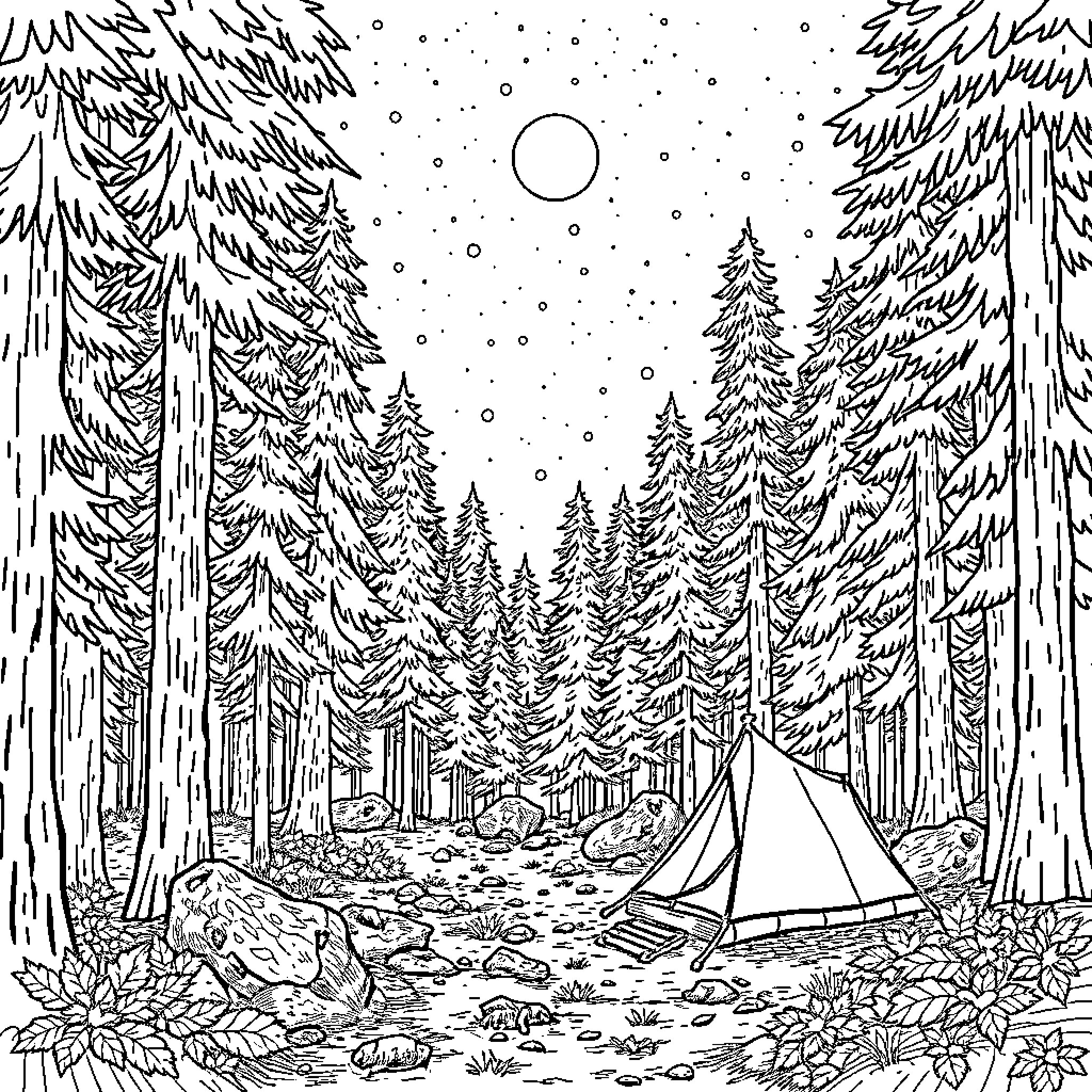 Forest Camping Scene with Tent under the Stars Coloring Page (free black-and-white line drawing printable PDF for all, from beginners to advanced learners, including children, teens, adults, and seniors)