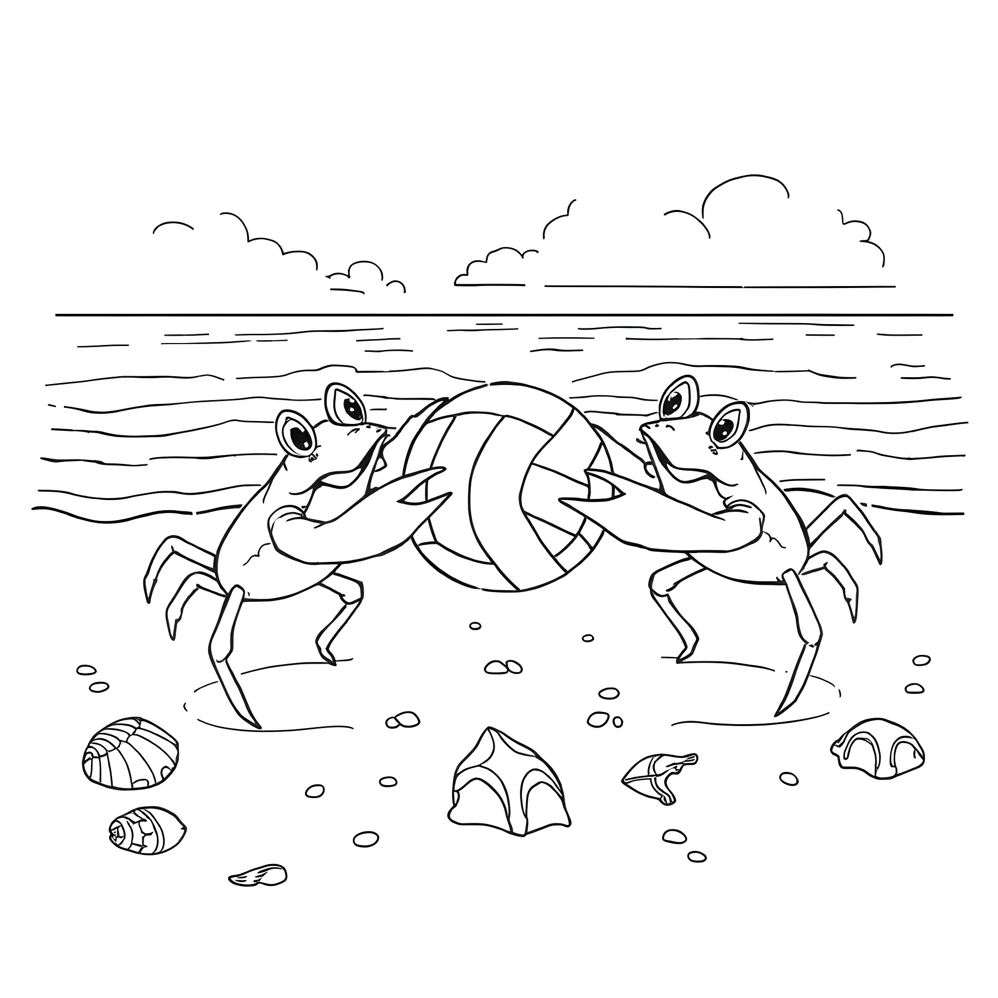 Crab exploring the beach with friends Coloring Page (free black-and-white line drawing printable PDF for all, from beginners to advanced learners, including children, teens, adults, and seniors)