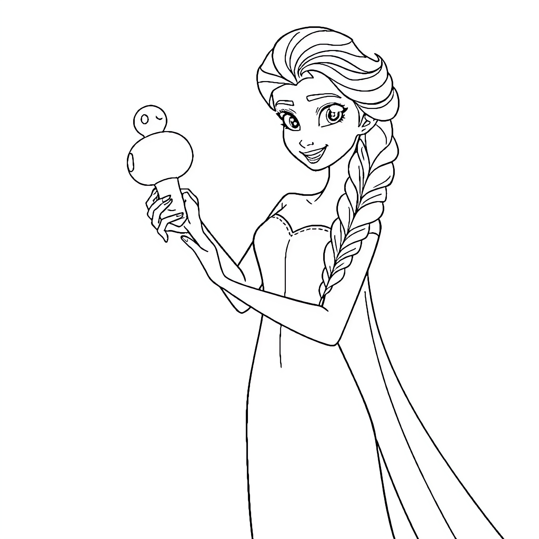 Elsa interacting playfully with a small creature Coloring Page (free black-and-white line drawing printable PDF for all, from beginners to advanced learners, including children, teens, adults, and seniors)