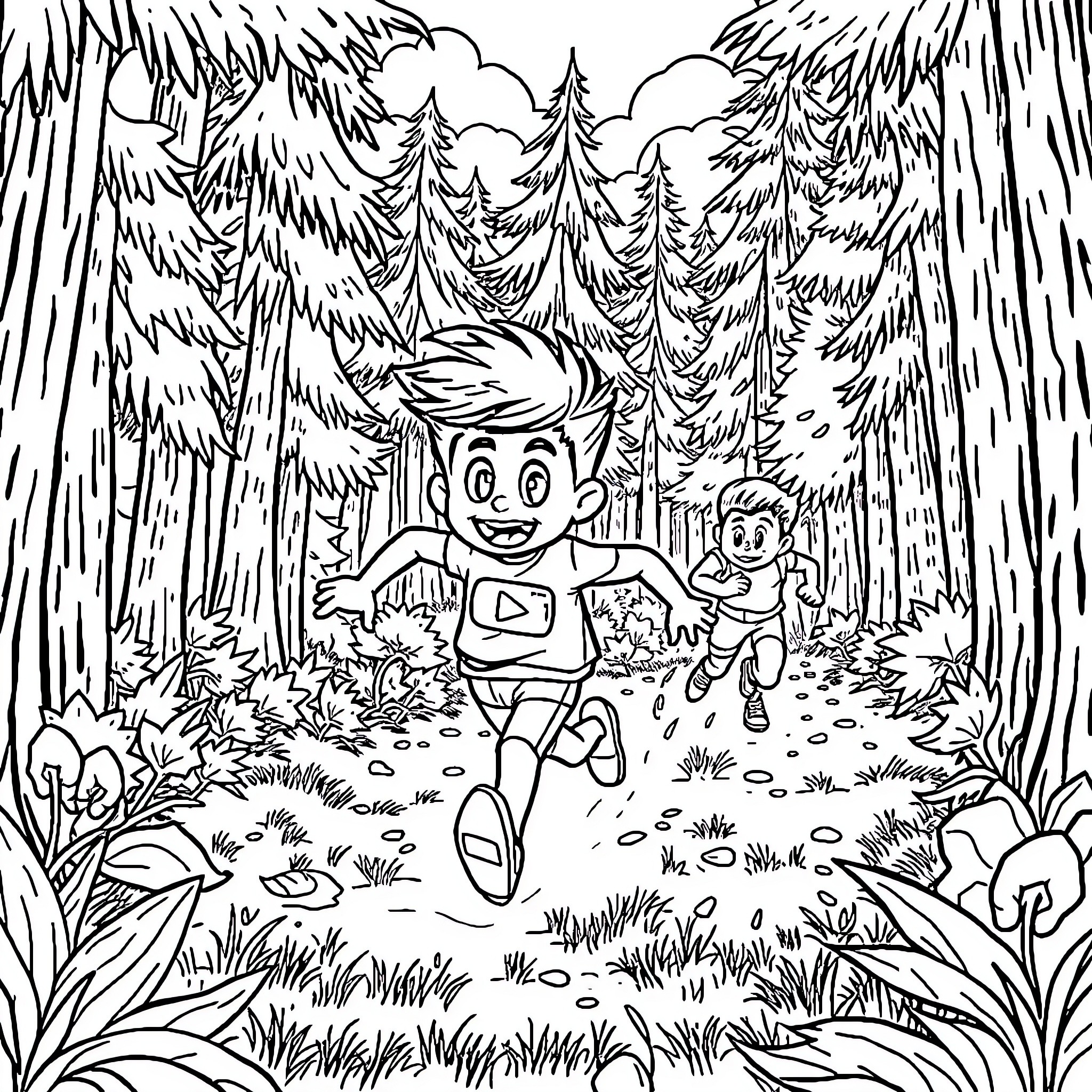 Dream of playful children in the forest Coloring Page (free black-and-white line drawing printable PDF for all, from beginners to advanced learners, including children, teens, adults, and seniors)