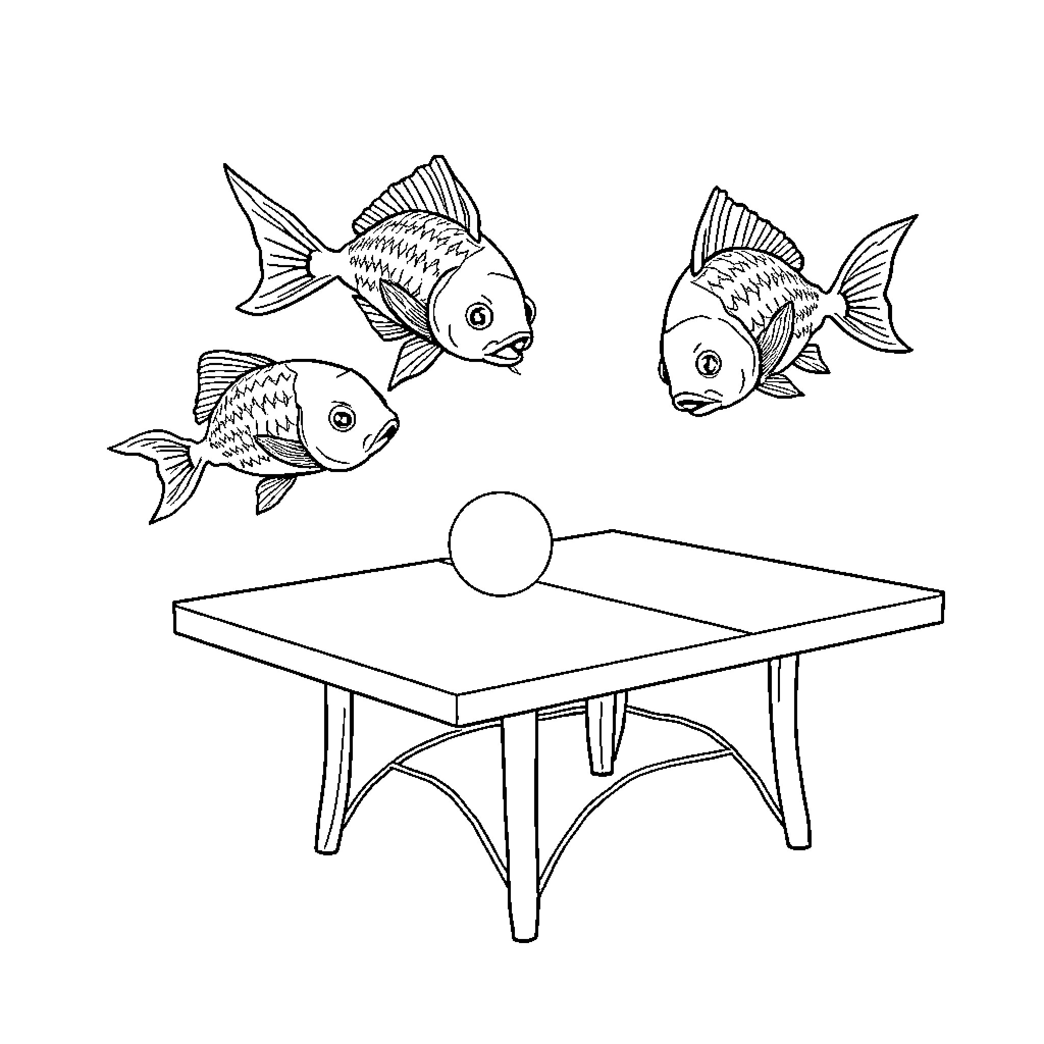 Fish swimming happily on a table Coloring Page (free black-and-white line drawing printable PDF for all, from beginners to advanced learners, including children, teens, adults, and seniors)