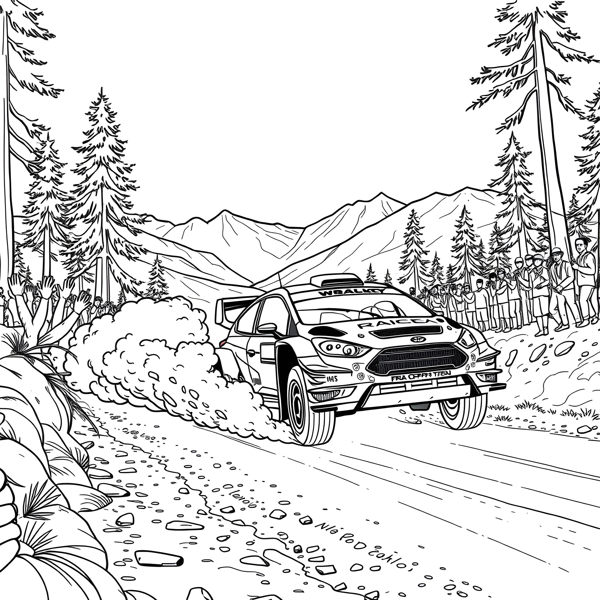 Rally Car Speeding Through Scenic Mountain Landscape Coloring Page (free black-and-white line drawing printable PDF for all, from beginners to advanced learners, including children, teens, adults, and seniors)