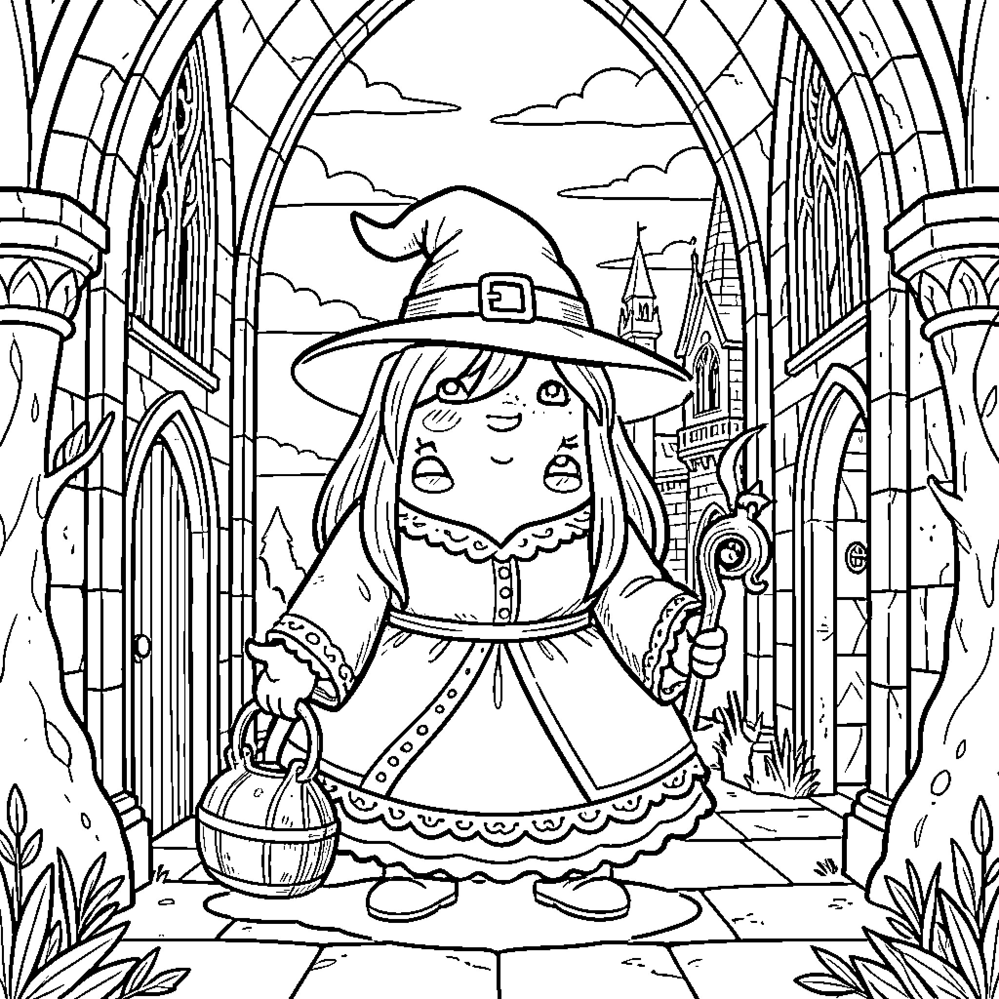 Witch Casting a Spell in a Mystical Archway Coloring Page (free black-and-white line drawing printable PDF for all, from beginners to advanced learners, including children, teens, adults, and seniors)
