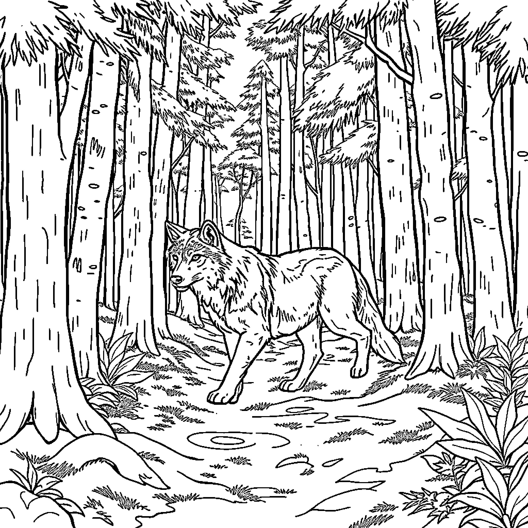 Wolf roaming in the mysterious forest Coloring Page (free black-and-white line drawing printable PDF for all, from beginners to advanced learners, including children, teens, adults, and seniors)