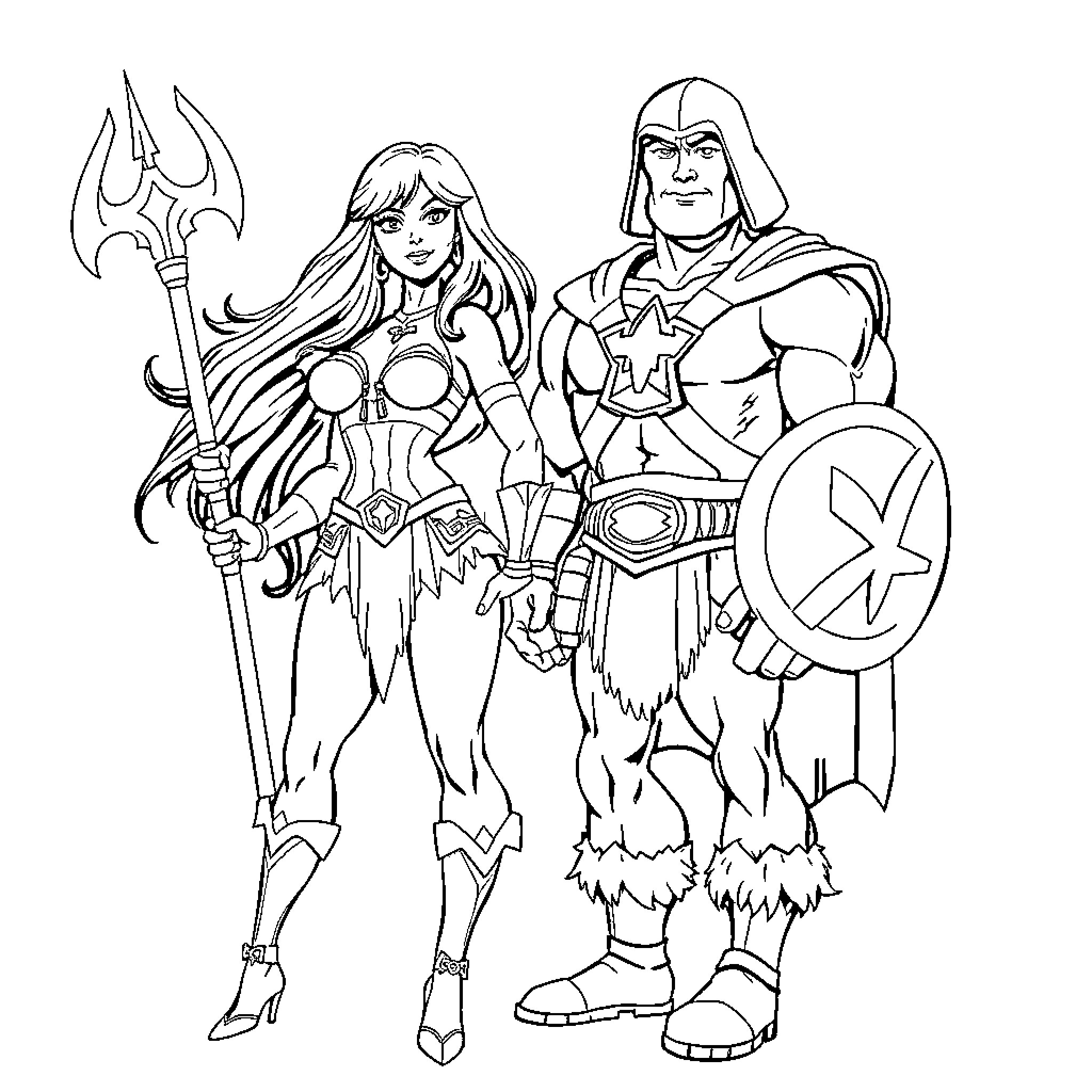 Batichica and her Armored Companion in Action Coloring Page (free black-and-white line drawing printable PDF for all, from beginners to advanced learners, including children, teens, adults, and seniors)