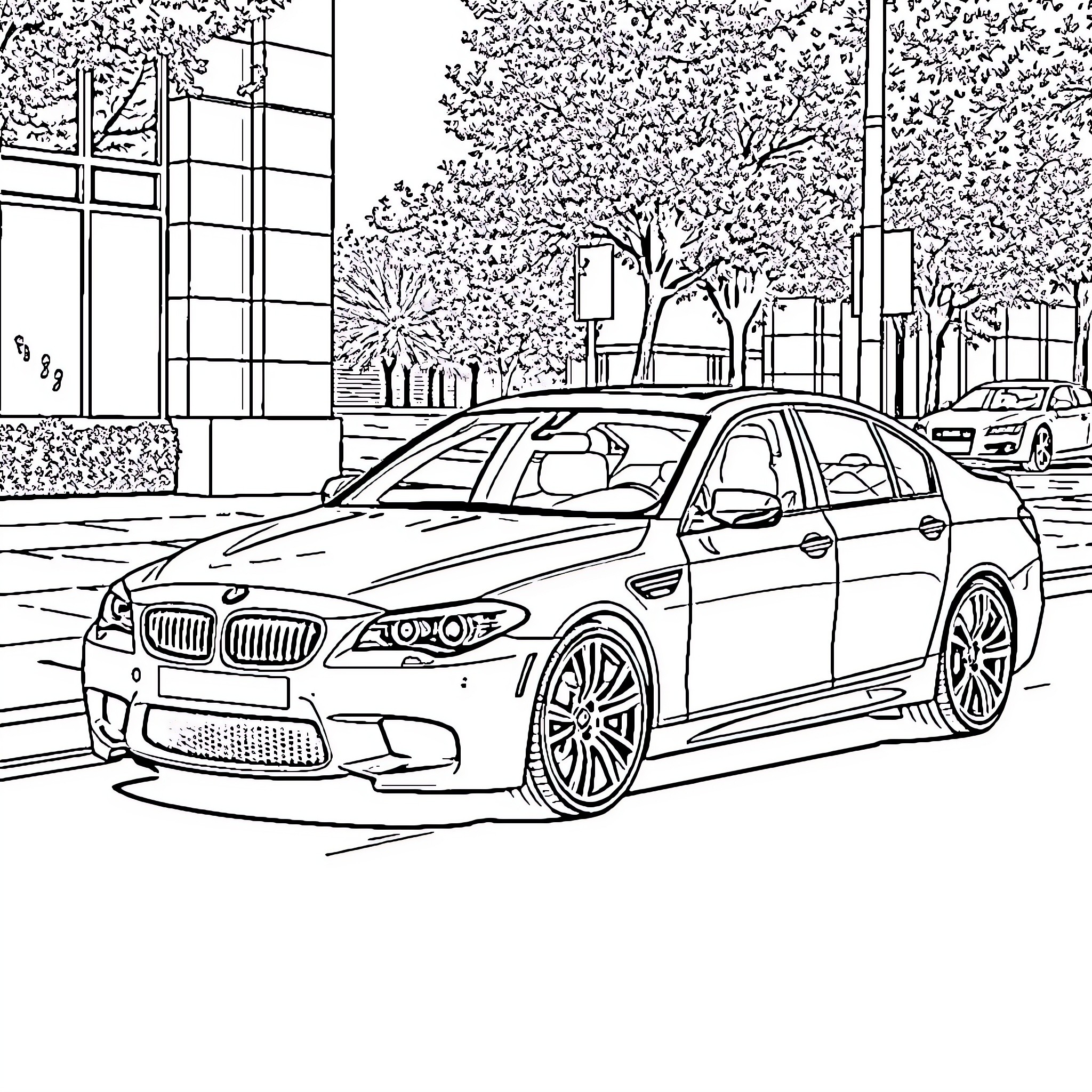 BMW Luxury Sedan Parked on City Street Coloring Page (free black-and-white line drawing printable PDF for all, from beginners to advanced learners, including children, teens, adults, and seniors)