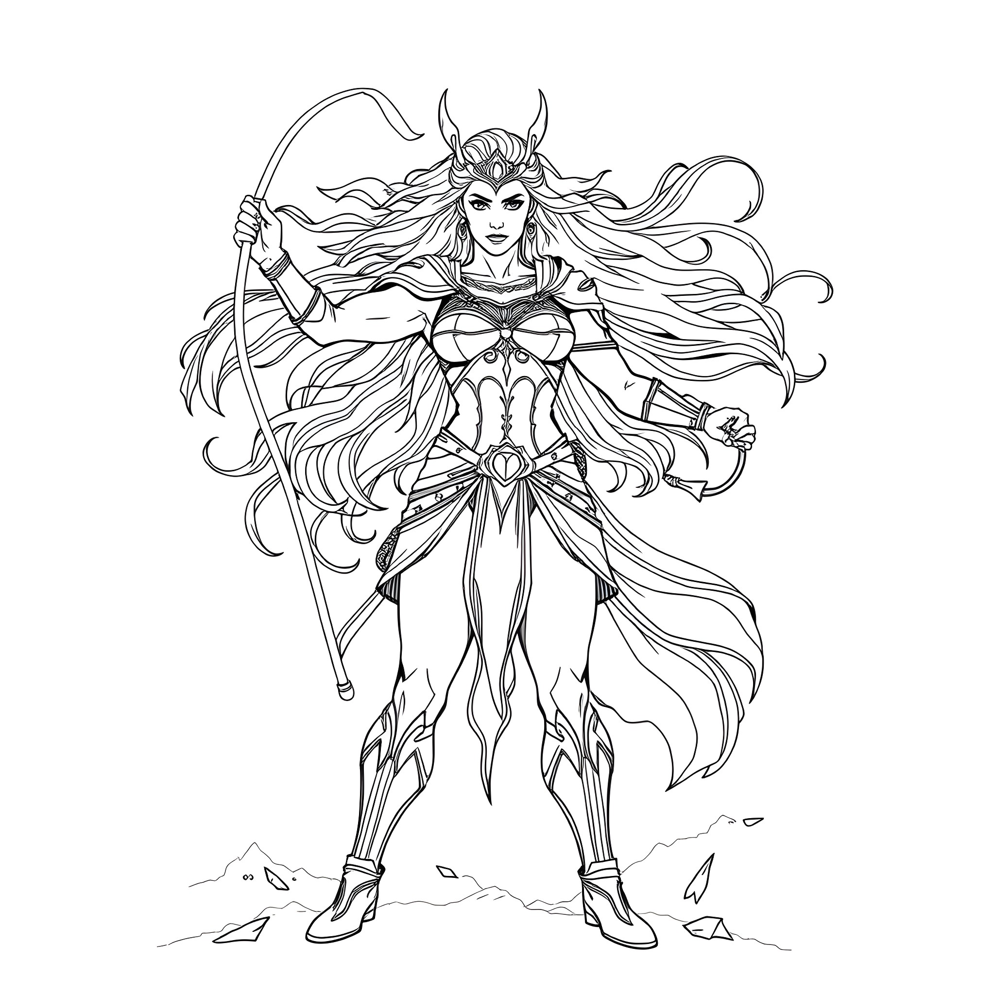 Wonder Woman Warrior in Action Pose Coloring Page (free black-and-white line drawing printable PDF for all, from beginners to advanced learners, including children, teens, adults, and seniors)