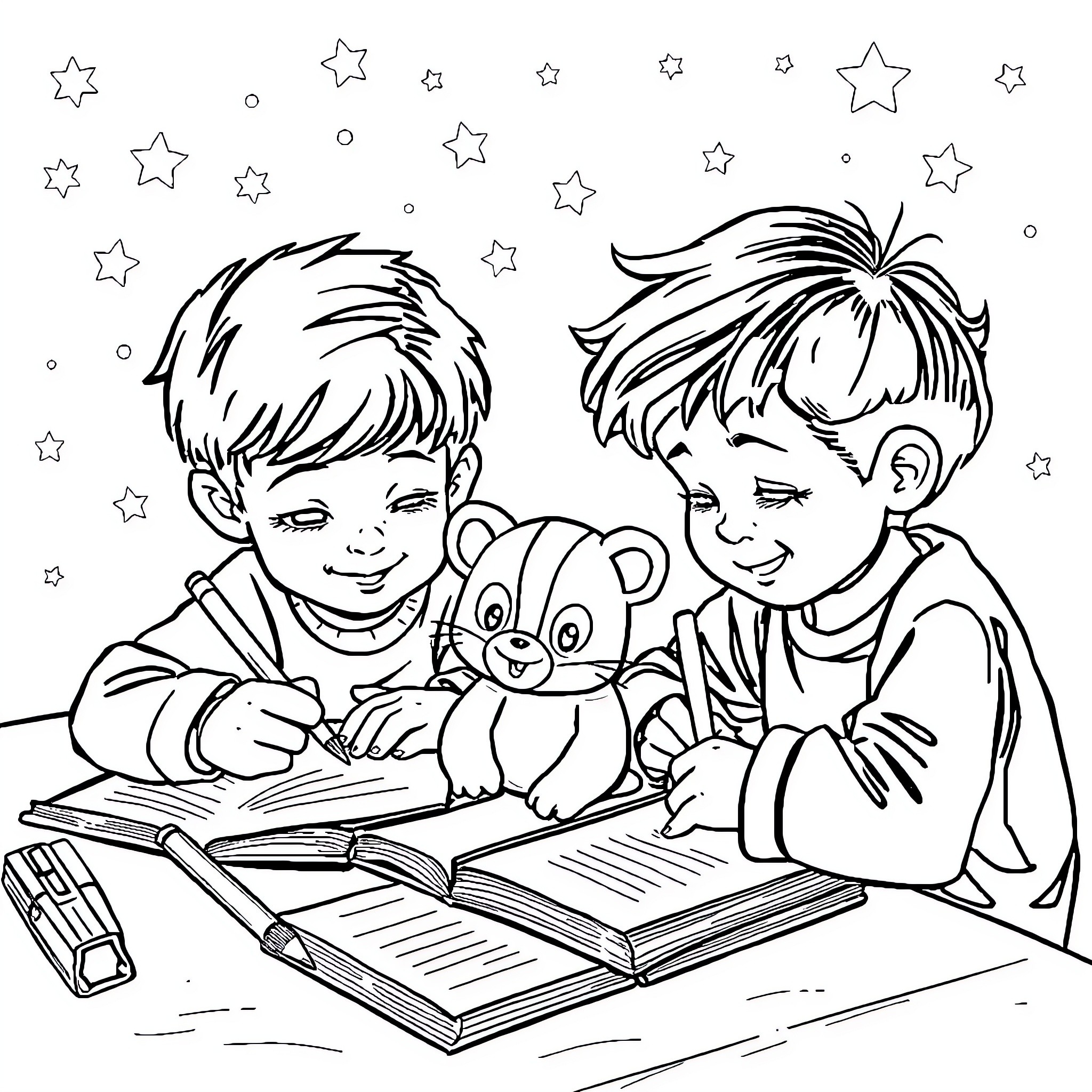 Children reading books with stuffed toy Coloring Page (free black-and-white line drawing printable PDF for all, from beginners to advanced learners, including children, teens, adults, and seniors)