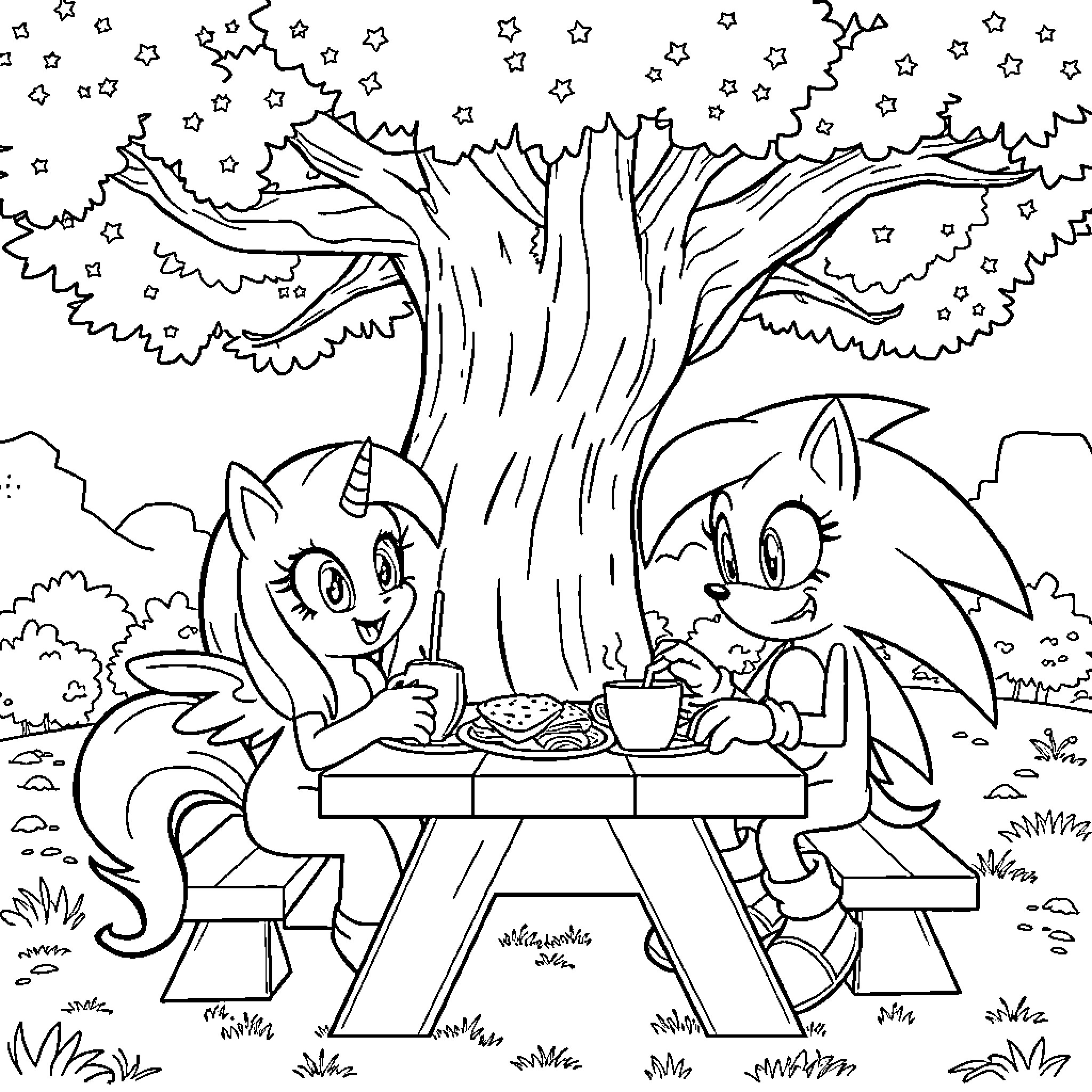 Twilight Sparkle and Sonic the Hedgehog Enjoying a Picnic Under the Stars Coloring Page (free black-and-white line drawing printable PDF for all, from beginners to advanced learners, including children, teens, adults, and seniors)